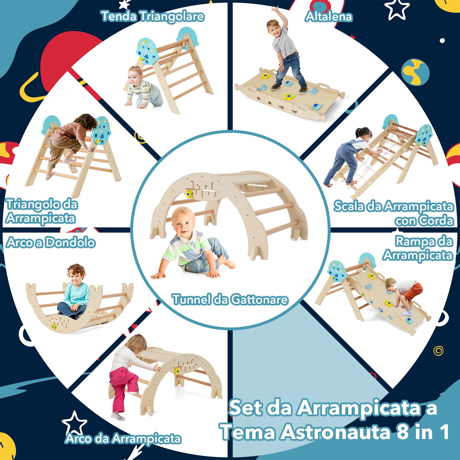 RELAX4LIFE Set da Arrampicata per Bambini, Triangolo di Arrampicata con Scivolo e Arco, Gioco di Incastri in Legno, Gioco Montessori per Bambini 1+ Anni