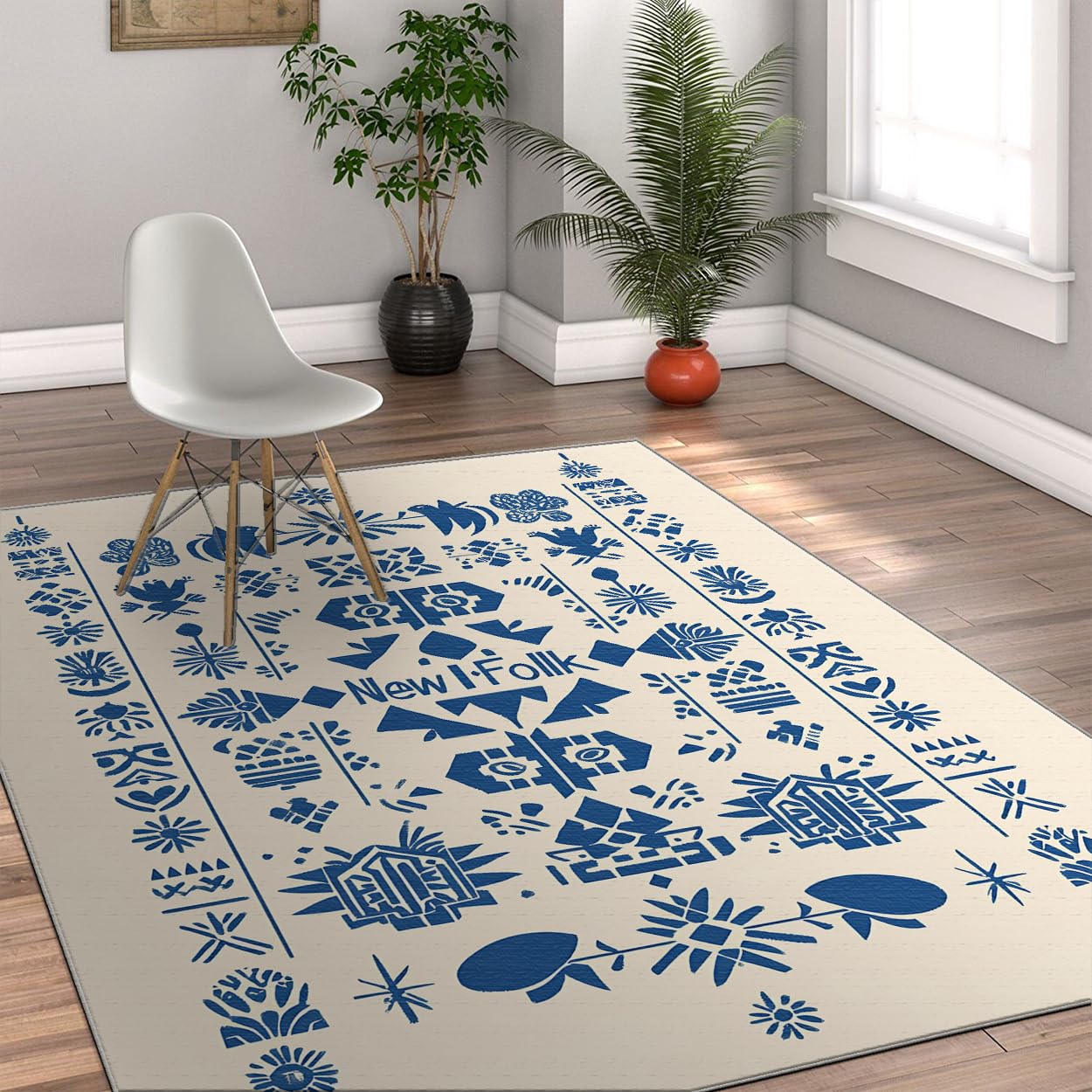 Dywaniki Chic Farmhouse Niebieski Symetryczny Styl Folk Art Design Powierzchnia Przenośny Antypoślizgowy Cienki Dywan Do Salonu Balkonu Badania Kuchni 160 x 200 cm
