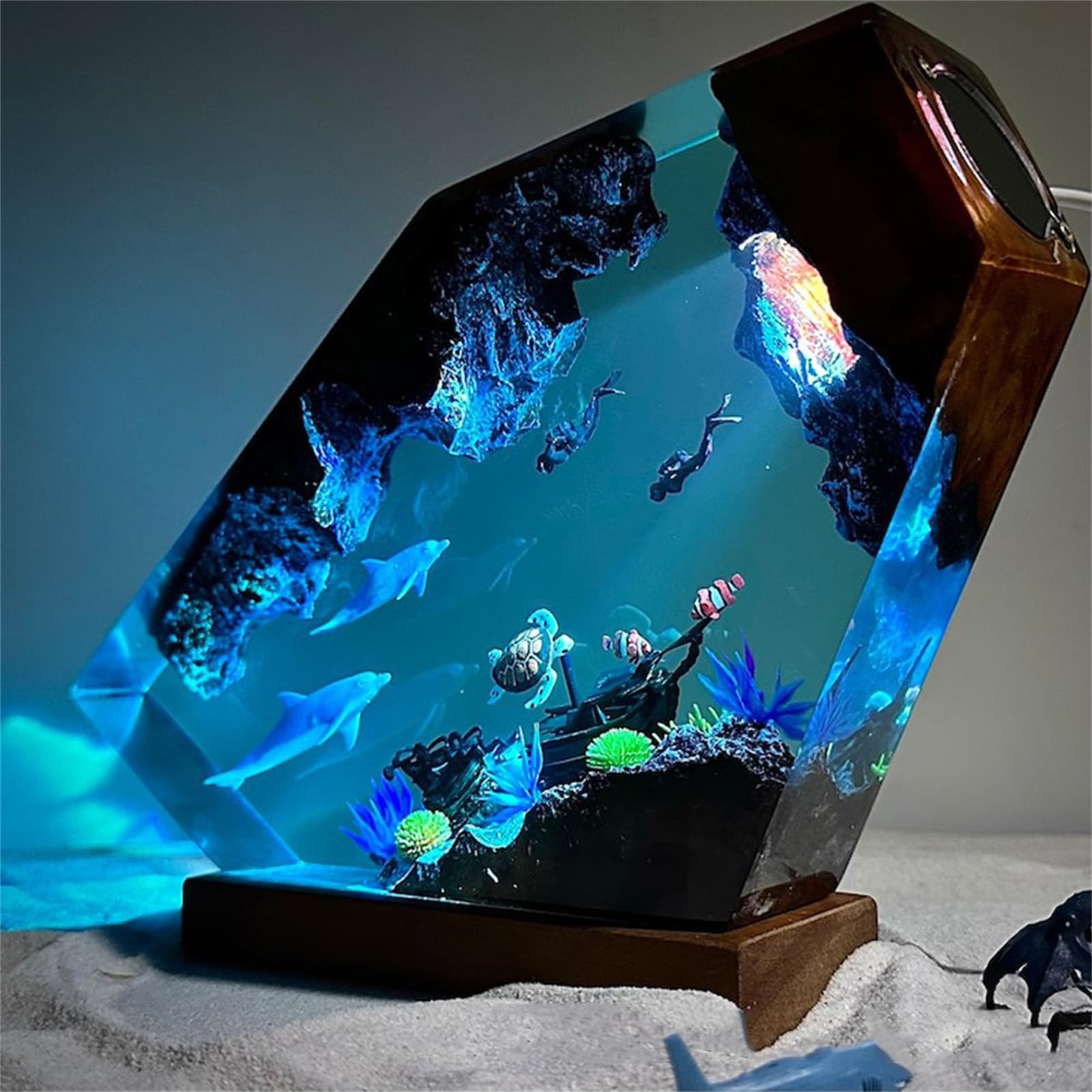 Veilleuse LED Océan, Résine Recyclée Faite À La Main Océan Dauphin Plongeur Lampe pour Bureau Bureau Salle De Bain Décor,8 * 5in