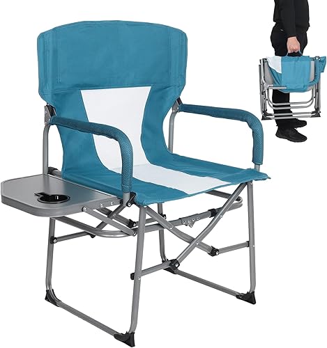 KABOER Silla de director plegable portátil, silla de director de camping plegable resistente con mesa auxiliar, silla compacta con respaldo de malla