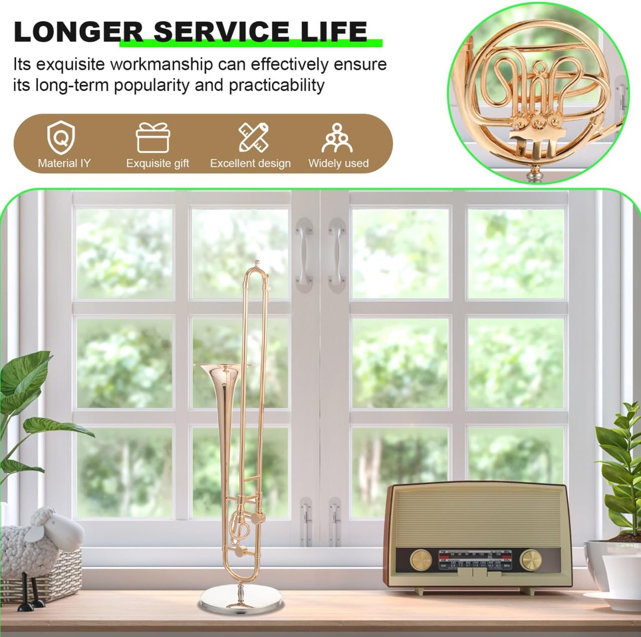 FAVOMOTO 1pc Miniature Trombone Model Copper Craft Ornament for Desktop Decor Musical Instrument Stand Box Unique Home Office Decoration Realistic Design for Creative Display