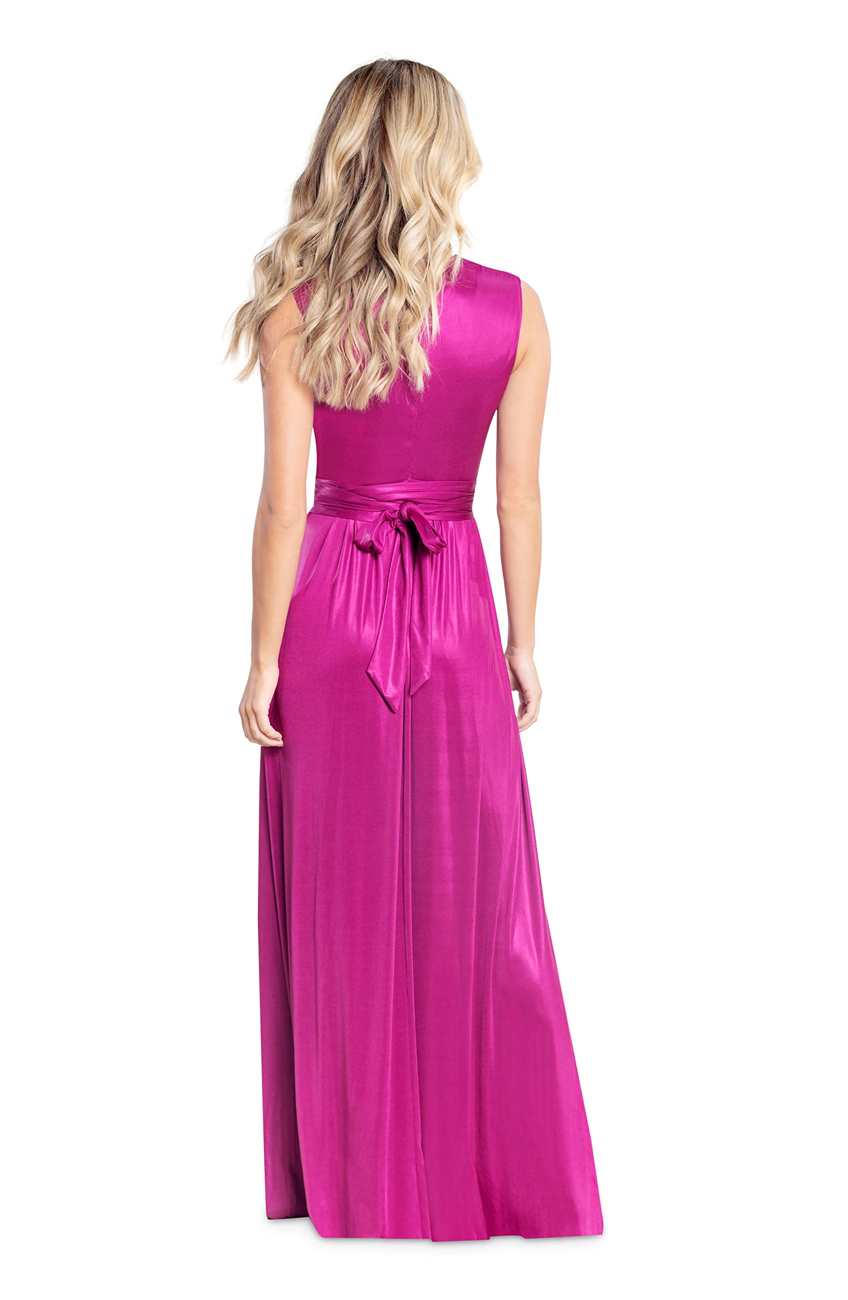 DRESS THE POPULATION Women's Krista V Neck Tie Waist Coated Jersey Slit Front Maxi Dress: Medium Dark Magenta