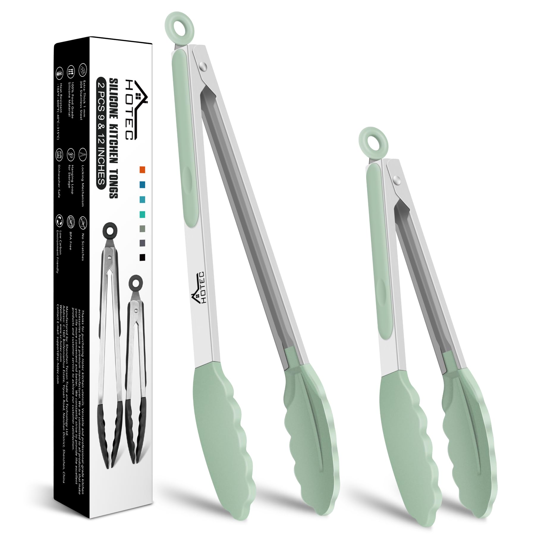 Hotec Premium Stainless Steel Locking Kitchen Tongs with Silicon Tips for Cooking and Food, Set of 2-9'' and 12'' Mint Green