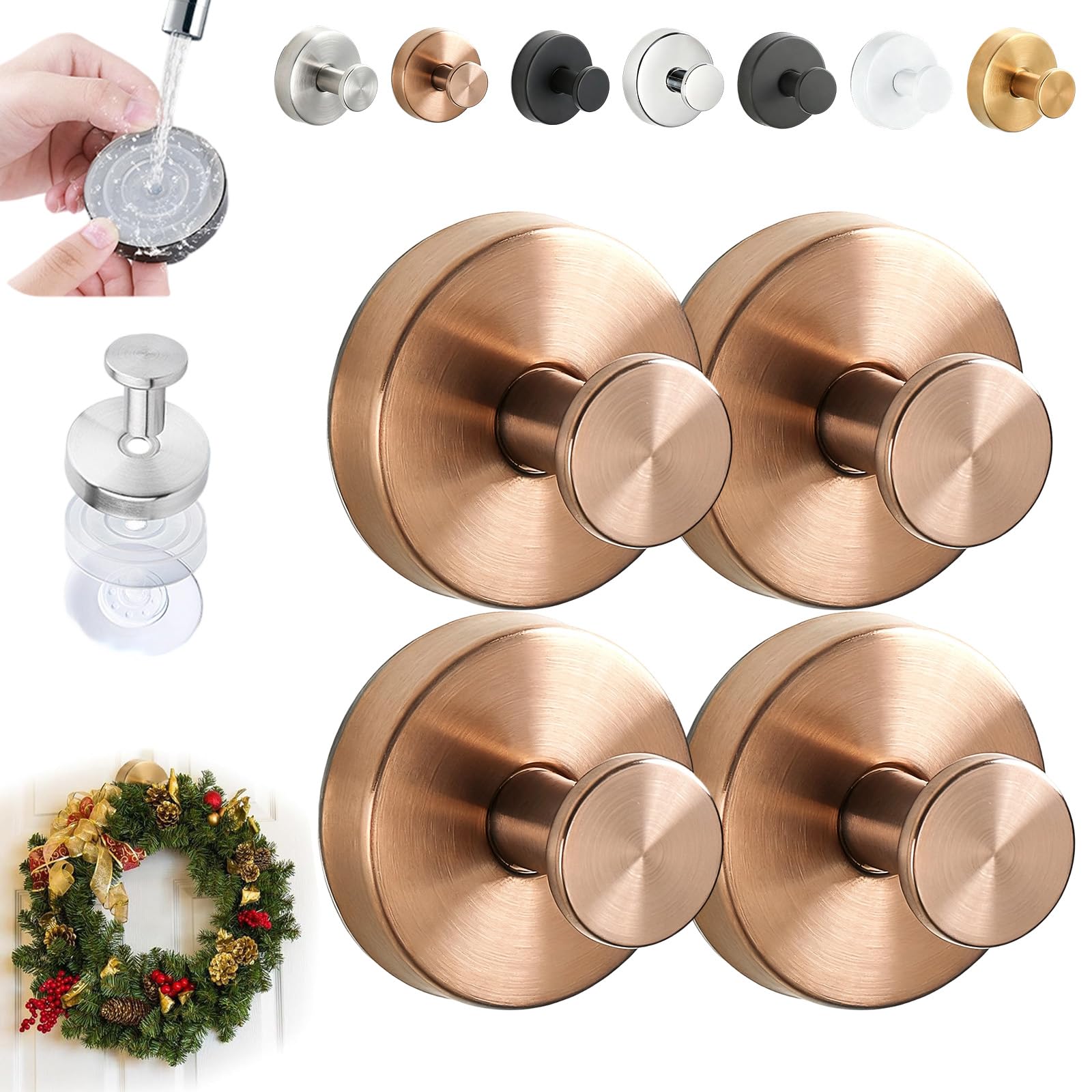 Donubiiu B 2026 Upgraded Suction Cup Hooks For Door Wreaths,Suction Cup Hooks For Shower,No Drill Wreath Hanger Holder Towel Hanging Hooks No-Drill Stainless Waterproof For Hanging Up To 15Lbs (,4Pcs)