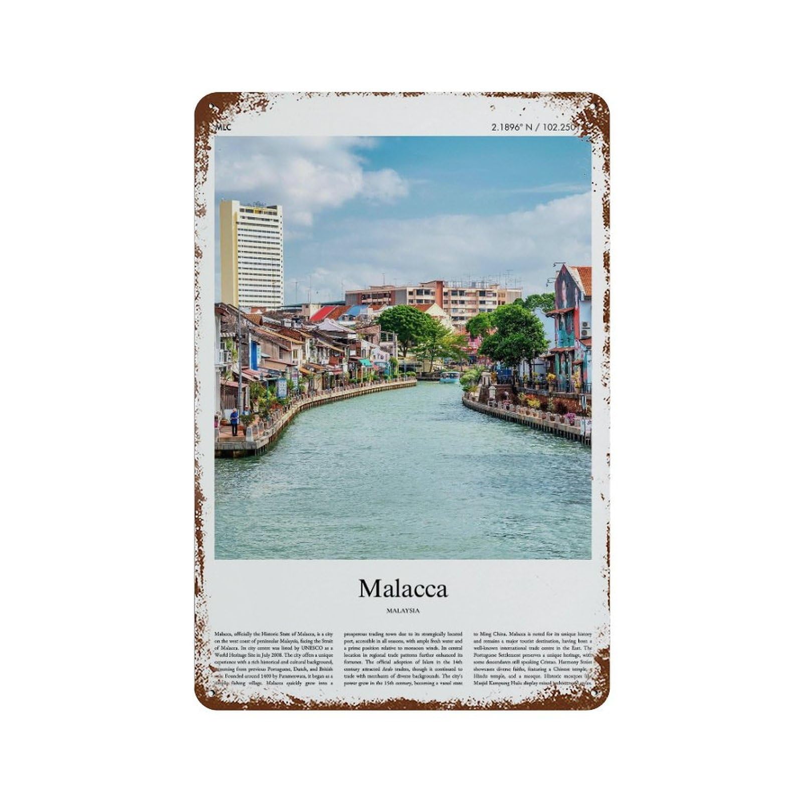 xiaoxiaoshen Malacca Malaysia City Scenery Wall Decor Art Metal Tin Poster Modern Home Decor Art Home Bar Shop Decorations Vintage Sign 30x20cm
