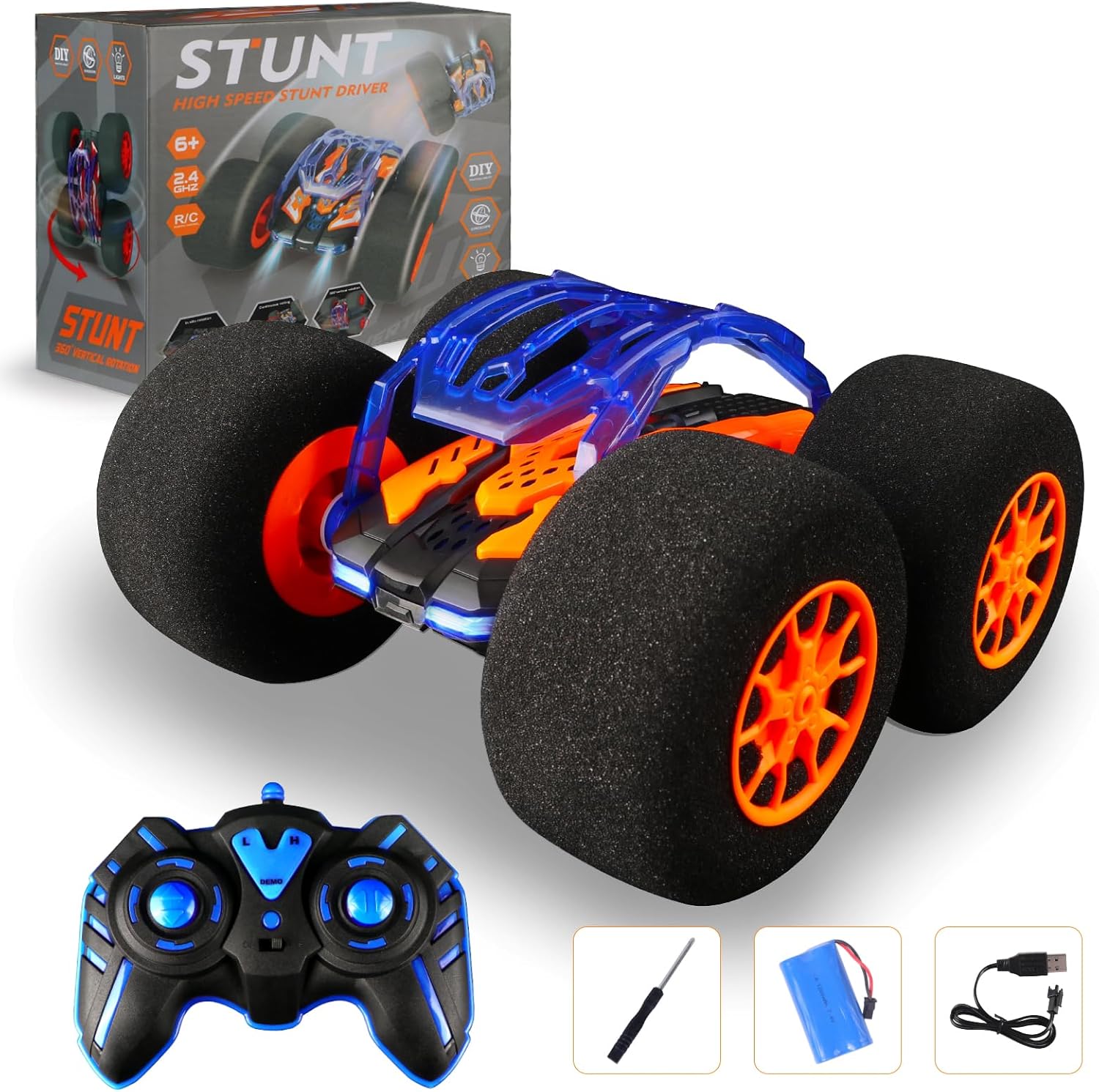 Indoor RC Car Stunt Remote Control Car Toys with Soft Wheels RC Cars for Kids Indoor Outdoor with LED headlight & Crazy Stunts 360° Flips Double Sided Vehicle 2.4GHz Remote Control for Boys Girls Gift Orange Rc Car image 8 of 8 B0CZJXMDFM