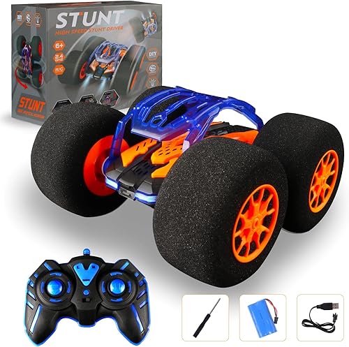 Miniatura 8 de Auto RC para interiores con control remoto de juguete con ruedas suaves, autos RC para niños y exteriores con faros LED y trucos locos giros de 360