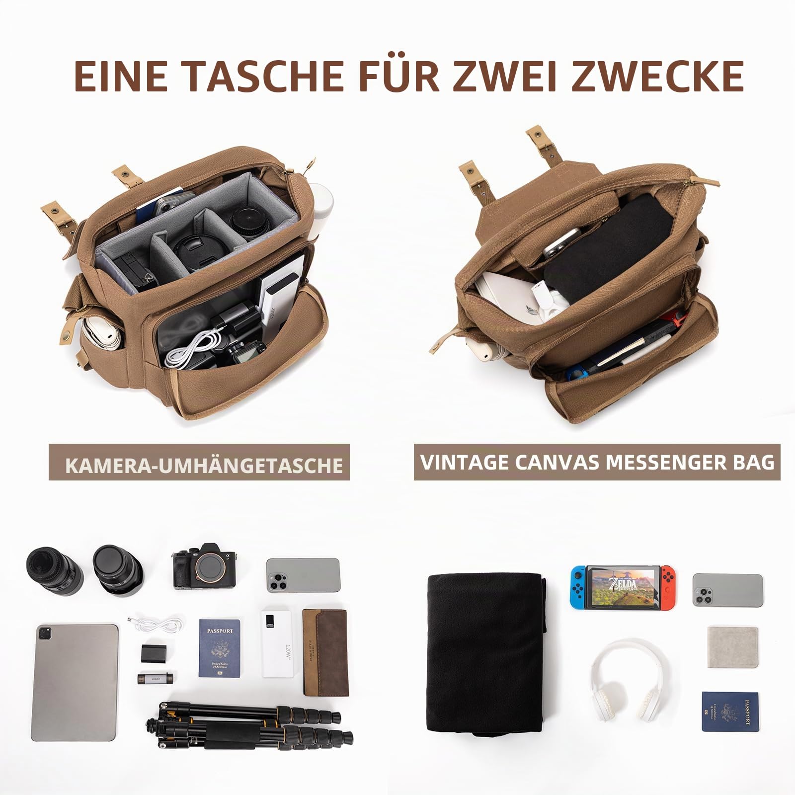 CADeN Large Camera Bag for Photographer, Wasserabweisend DSLR Kameratasche | Leicht Zu Reinigen, Kompatibel mit Sony Nikon Canon eos r50. Kamera Rucksack für DSLR/SLR Kamera Sling Bag, Braun. FOL, L