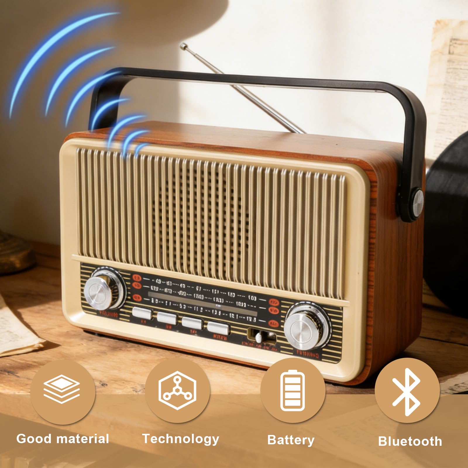Retro Radio mit Bluetooth AM/FM/SW, Tragbares Nostalgie Kofferradio, Vintage Küchenradio mit USB/TF/AUX, Wiederaufladbar, Einfaches Radio für Senioren, Küche, Büro, Outdoor