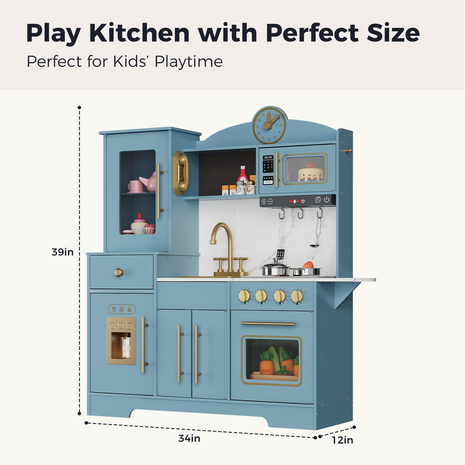 Cocina Juguete para Niños, Cocinita Infantil con Sonido Fogón Grifo Fregadero Microondas Reloj Máquina de Hielo y Accesorios de Cocina, Cocinita de Madera Infantil y 3 Años +, Educativo Imitación
