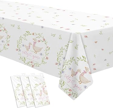 Pink Silly Goose Baby Shower Decorations Tablecloth, Disposable Goose Girl Baby Shower Party Supplies Tablecover, 3 Pack, 86in x 55in