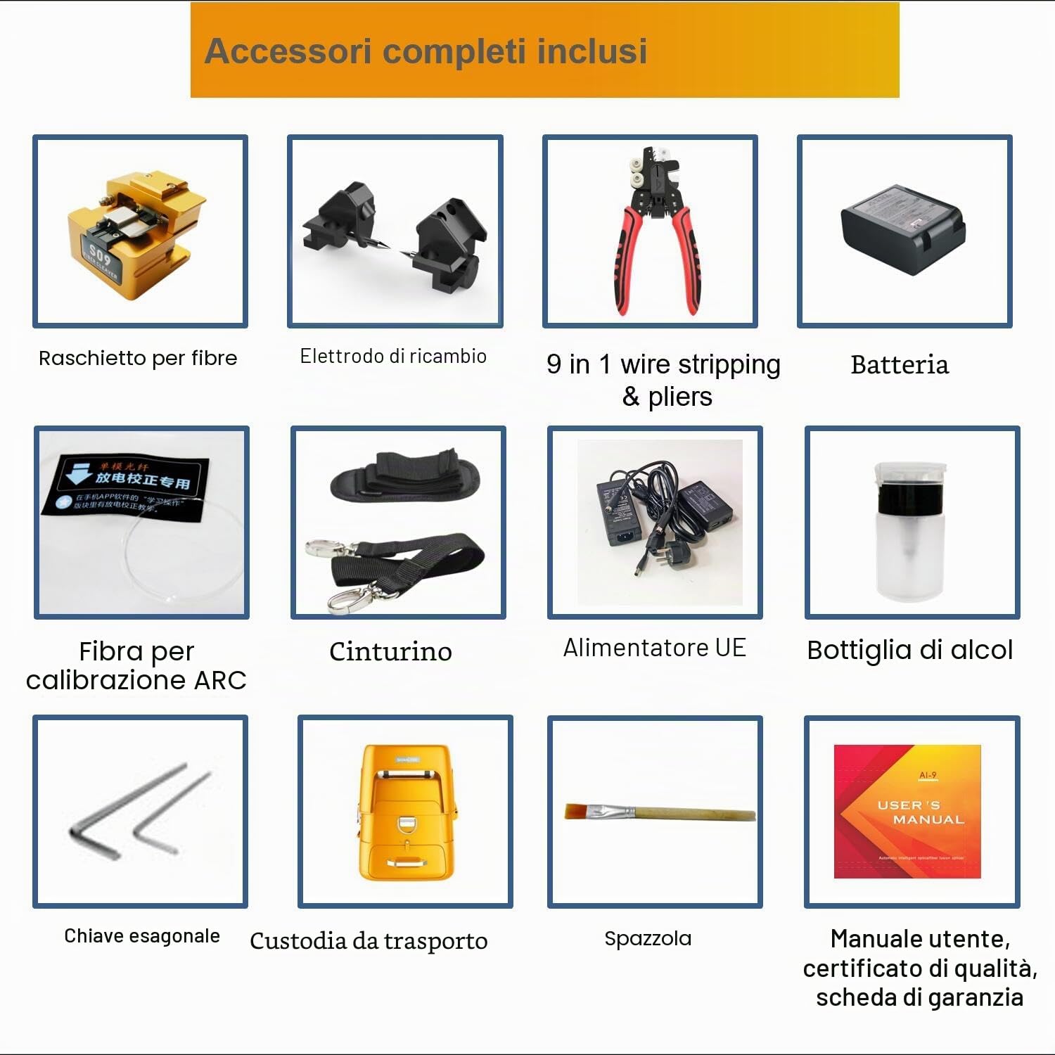 Giuntatrice Fibra Ottica Fusion Splicer AI-9 Veloce 5 Secondi, Giunzione 15 Secondi, Saldatrice per Fibra Ottica con Video Tutorial per Progetti di Giunzione FTTH e Cavi