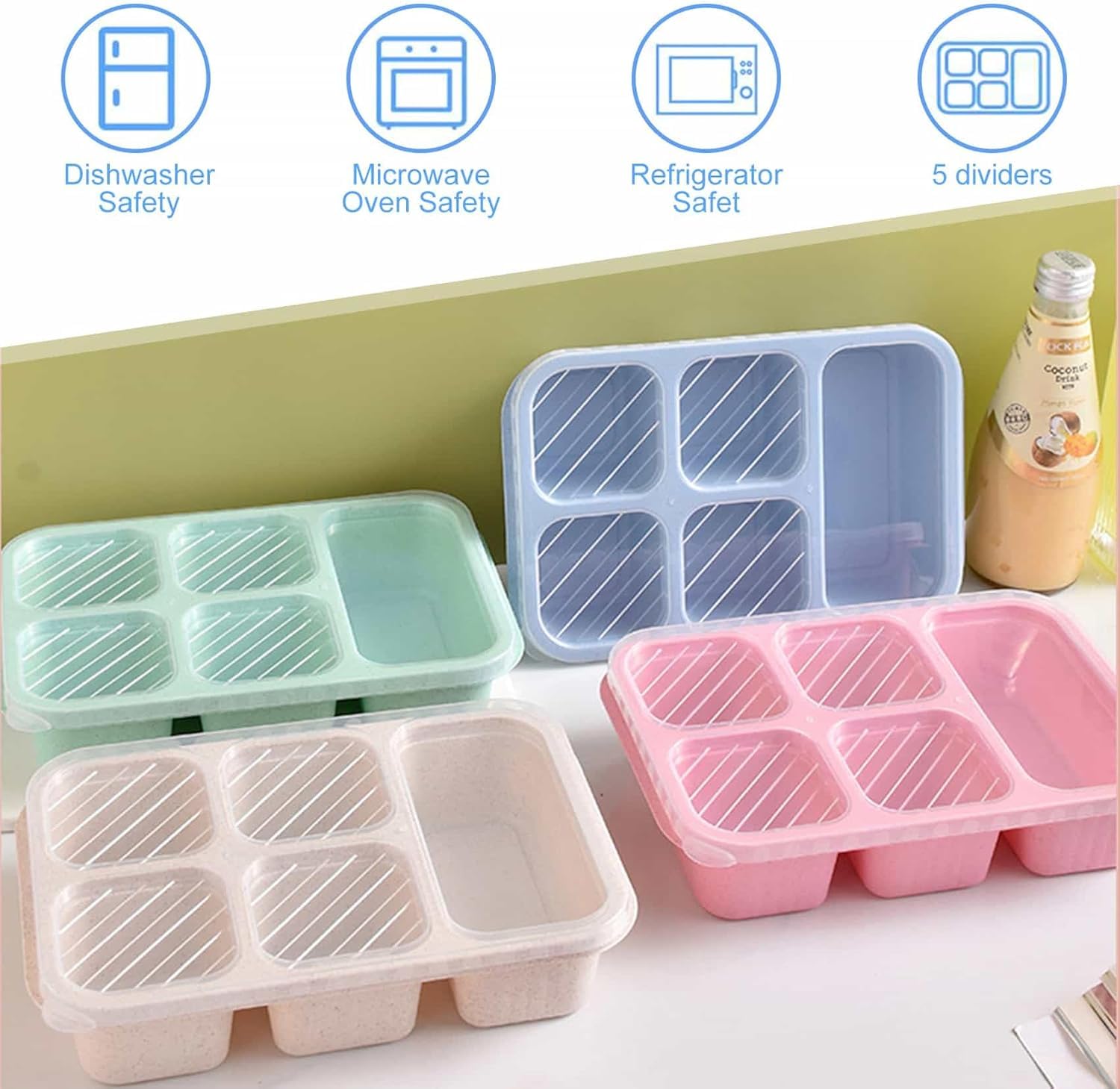 Lot De 4 Boîtes à Goûter Réutilisables à 4 Compartiments Pour La Préparation Des Repas Pour Enfants Et Adultes, Boîtes De Rangement Alimentaires Divisées Pour L'école, Le Travail, Les Voyages (rose