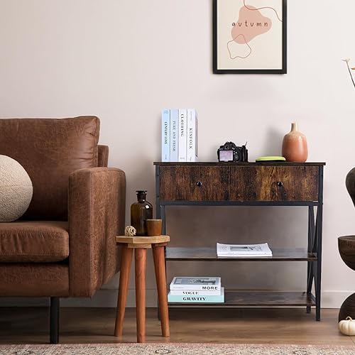 Miniatura 4 de suruim Mesa de entrada con cajones, mesa de tocador de madera con salida y puerto USB, mesa de sofá larga estrecha con estante de almacenamiento