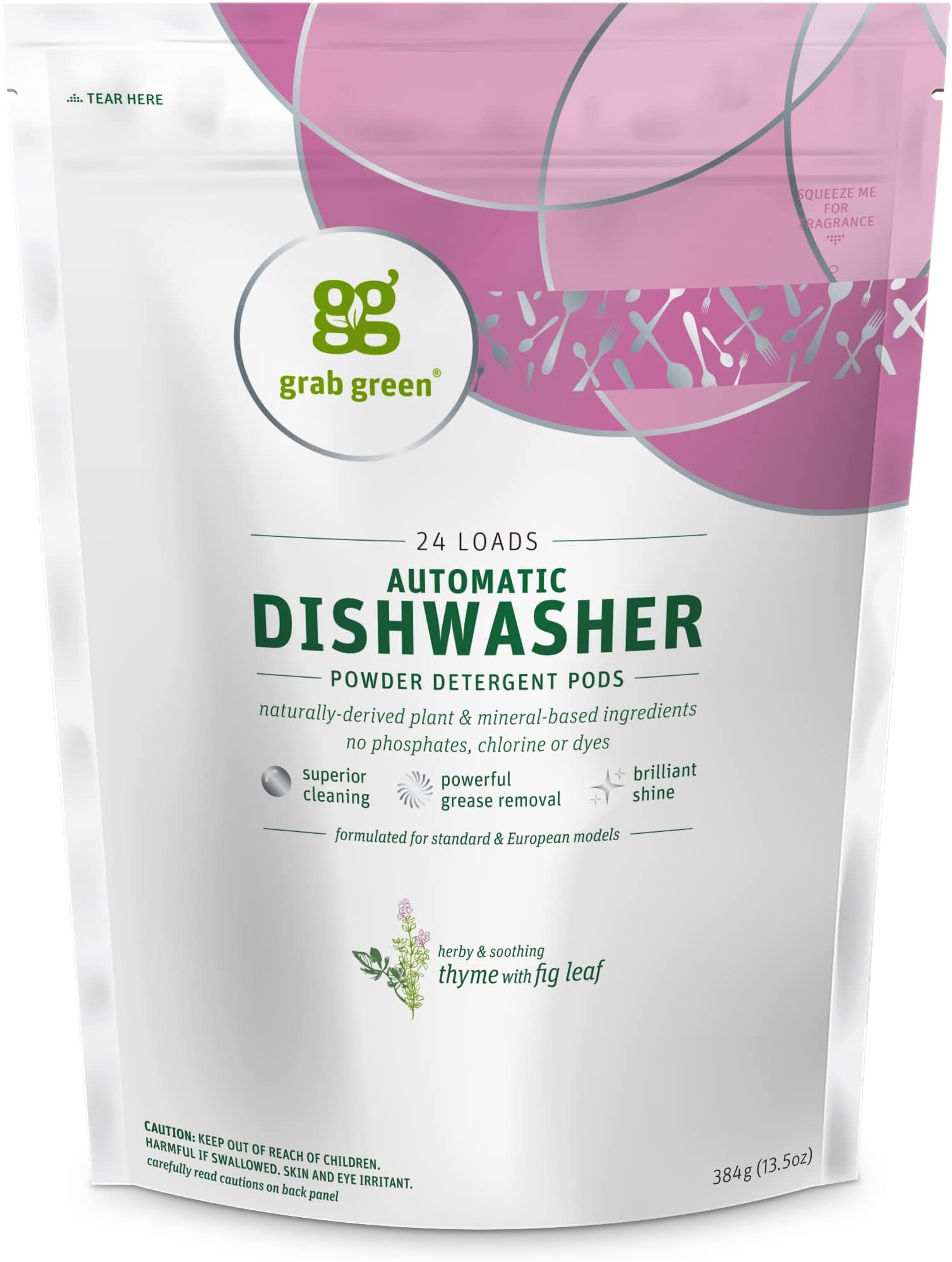 Automatic Dishwashing Detergent Pods, 24 Count, Thyme Fig Leaf Scent, Plant and Mineral Based, Superior Cleaning, Powerful Grease Removal, Brilliant Shine