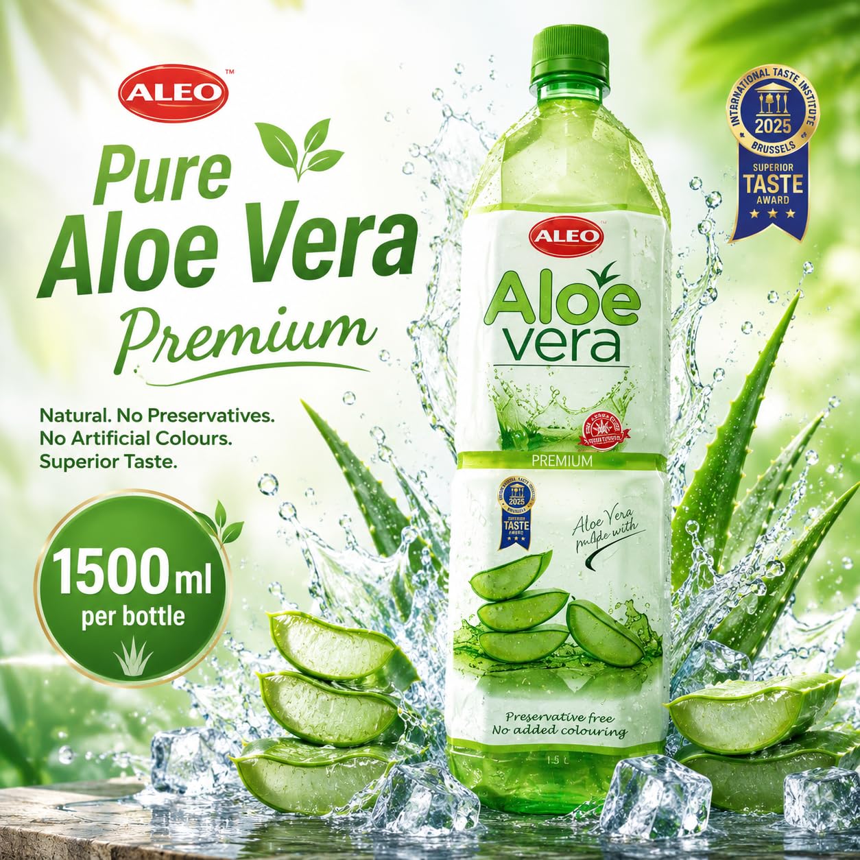 ALEO 1.5L Premium Aloe Vera Drink - Natural, No Preservatives, No Artificial Colors Superior Taste Award 2025
