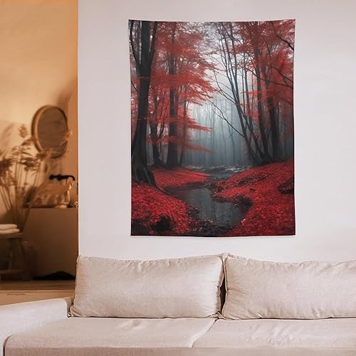 Miniatura 4 de BAHELS Tapiz de bosque rojo, gótico, misterioso, lluvioso, niebla, escena de la naturaleza, borgoña, negro, hoja de árbol, tapiz de tela para