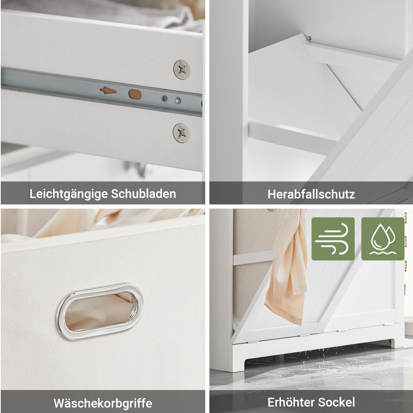 SoBuy Badezimmerschrank mit Wäschekorb 90L Kapazität 78x38x90 Badezimmer | Wäscheschrank mit 2 Wäschekippern, Wäschesammler Schrank robust für Waschküche MDF BZR33-II-W