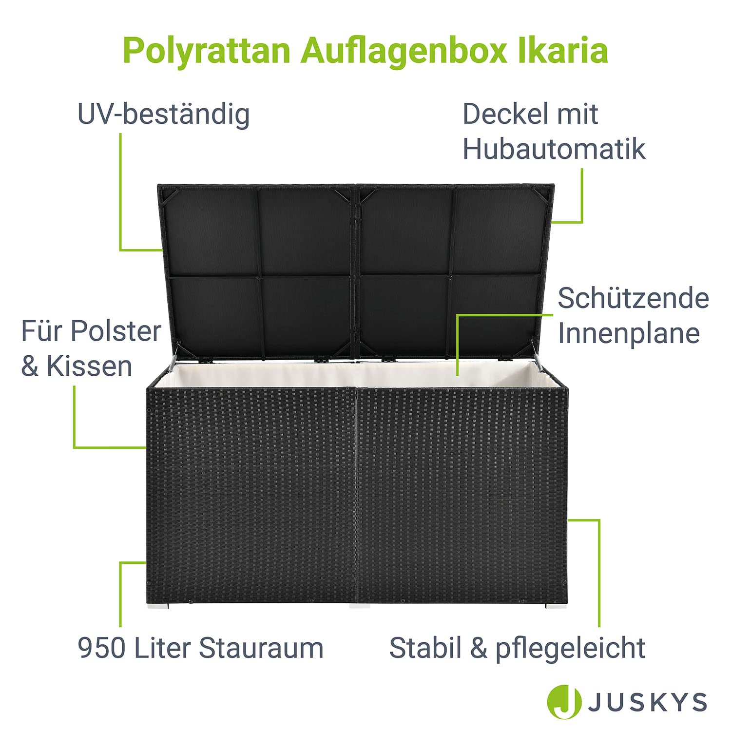 Juskys Polyrattan Auflagenbox Ikaria 950 L inkl. Deckel mit Hubautomatik & Innenplane - Kissenbox 145 x 82 x 79 cm für Garten - Gartenbox schwarz