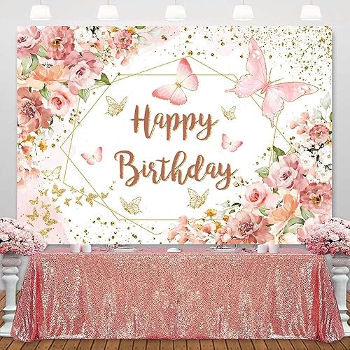 Miniatura 3 de Sensfun Telón de fondo floral de feliz cumpleaños para mujeres y niñas, mariposa rosa, fiesta de cumpleaños, fondo de fotografía, flores en