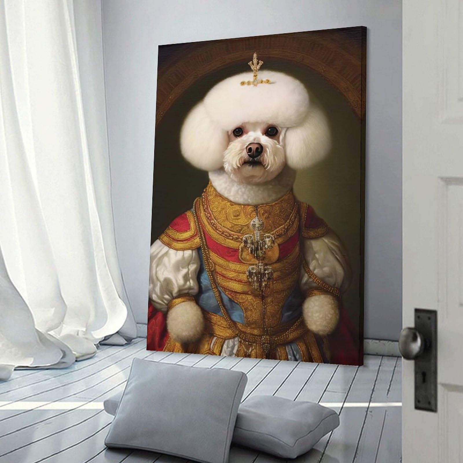 Junmoney Bichon Frise The King Wall Picture Print 20x30inch(50x75cm), for Entryway, Lounge Links Or Small Walls, Decorative Wall Art for Narrow Spaces