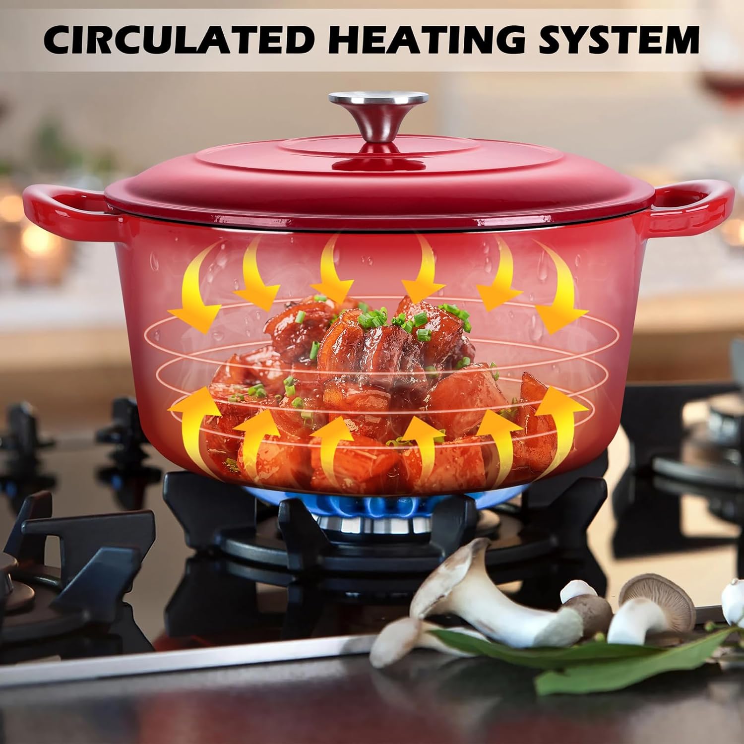 TeamFar enameled cast iron dutch oven 6 quart red - lifestyle use showing bread baking