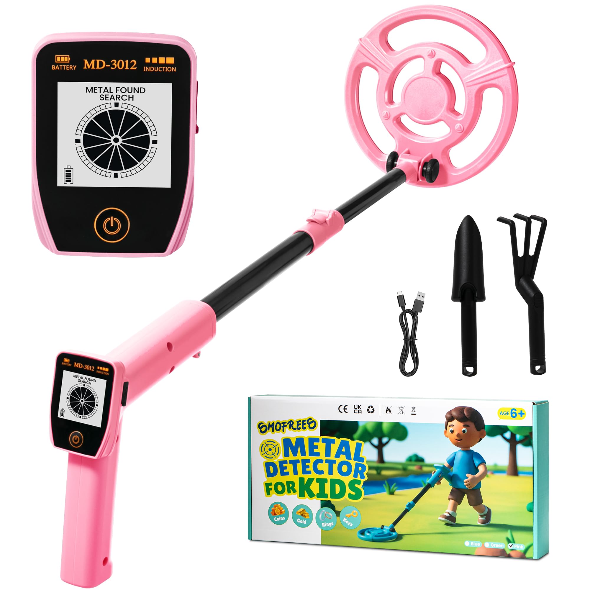 Smofrees Metal Detector for Kids, USB Rechargeable Kids Metal Detector with Simple Display, 24"-34" Adjustable Metal Detectors for Children, 7.36" Plus Search Coil, Outdoor Toys for Kids 8-12, Pink