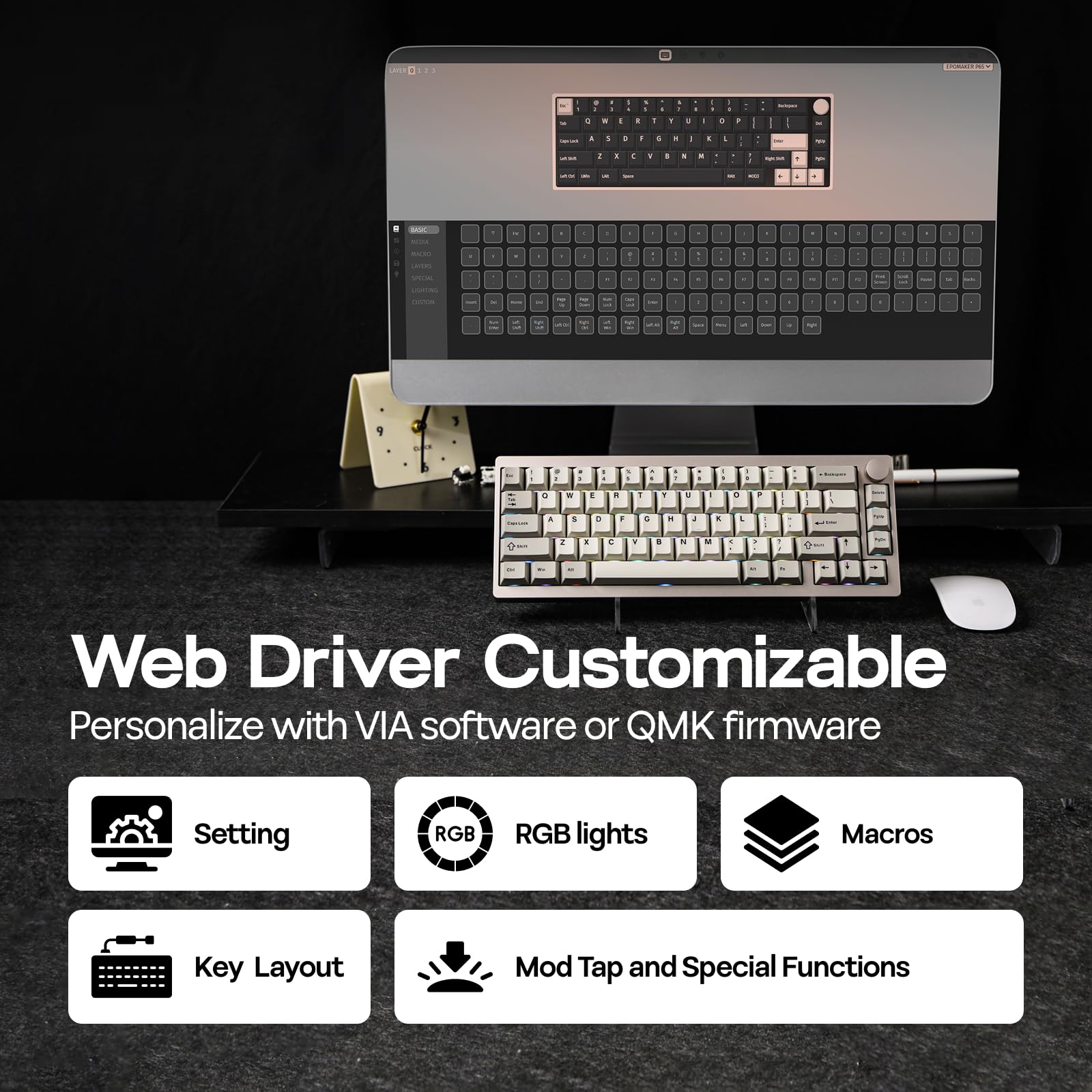 EPOMAKER P65 QMK/VIA Wireless Aluminum Gaming Keyboard, Gasket-Mount, Bluetooth/2,4 GHz/USB (A na C), Hot Swappable, N-Key, Rollover do Mac/PC/PS/Xbox (retro biały, przełącznik Zebra)