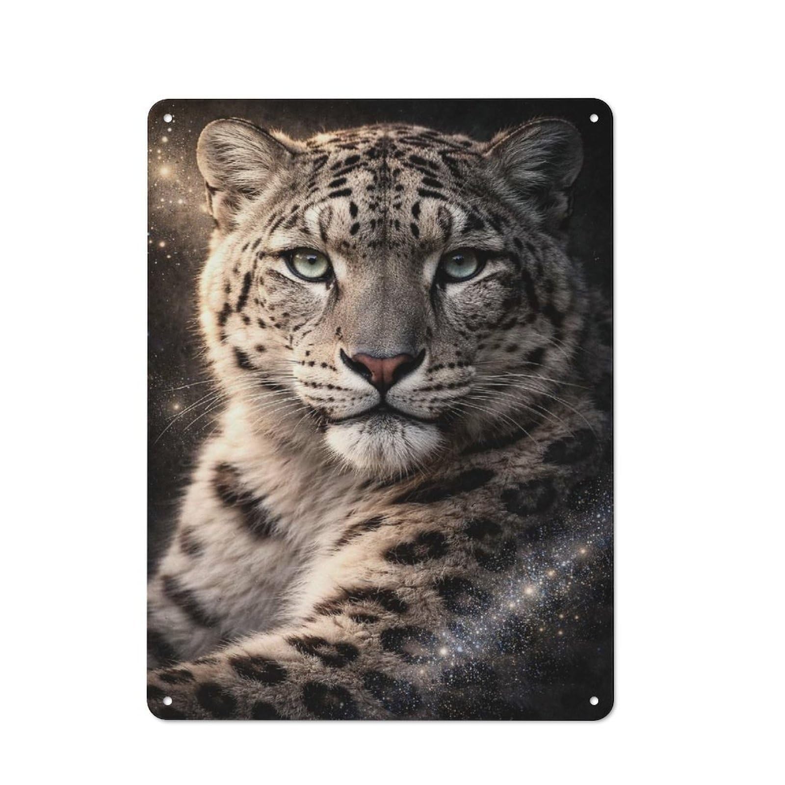 Junmoney Style-13 Metal Wall Sign 40X30cm Featuring Snow Leopard With Cosmic Background For Café Or Home Bar, A Decorative Gift For A Newly Furnished Café And Home Bar