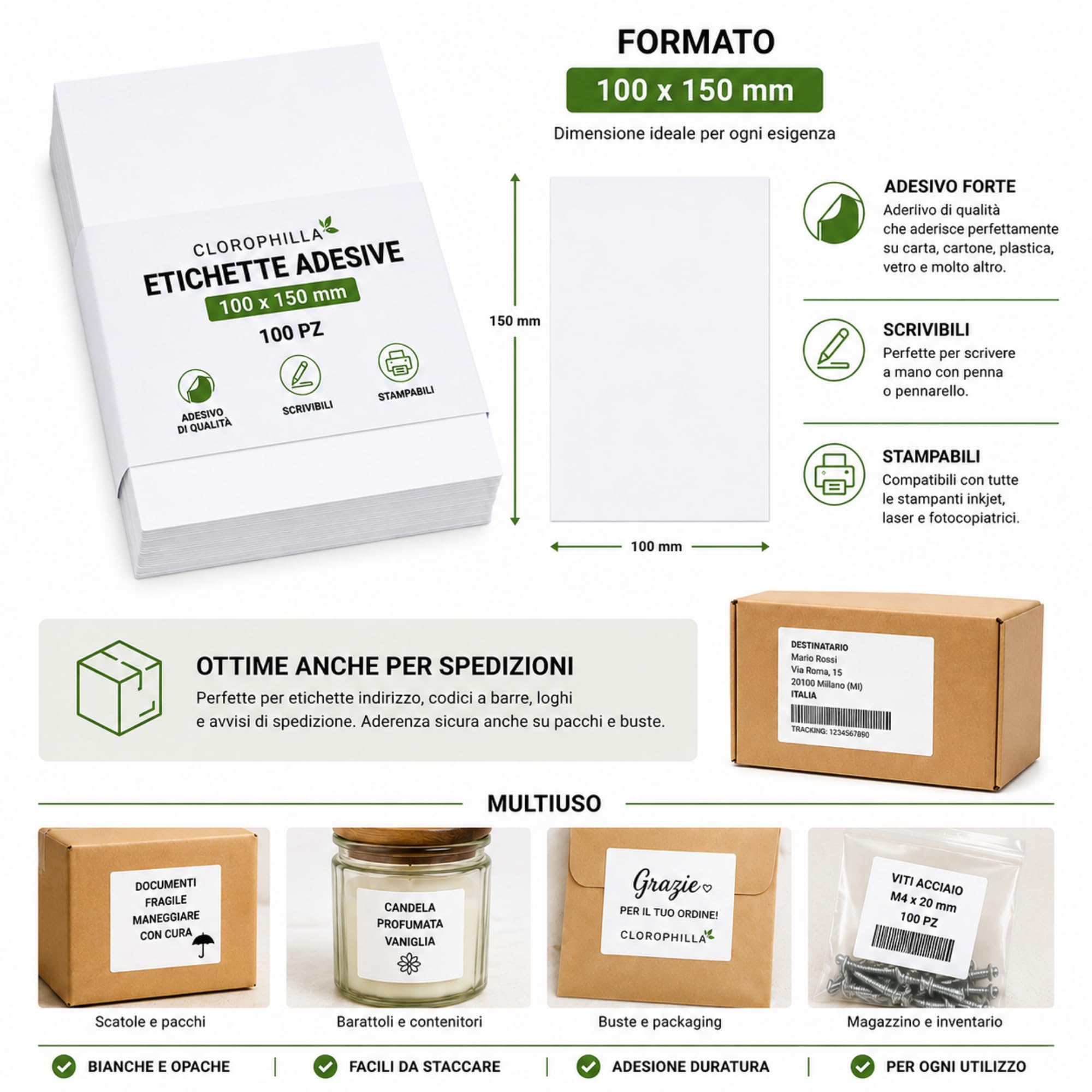 Etichette Adesive Bianche 100 x 150 mm – 2000 Pezzi – Etichette per Spedizioni, Pacchi ed E-Commerce – Scrivibili e Stampabili – Carta Adesiva Multiuso
