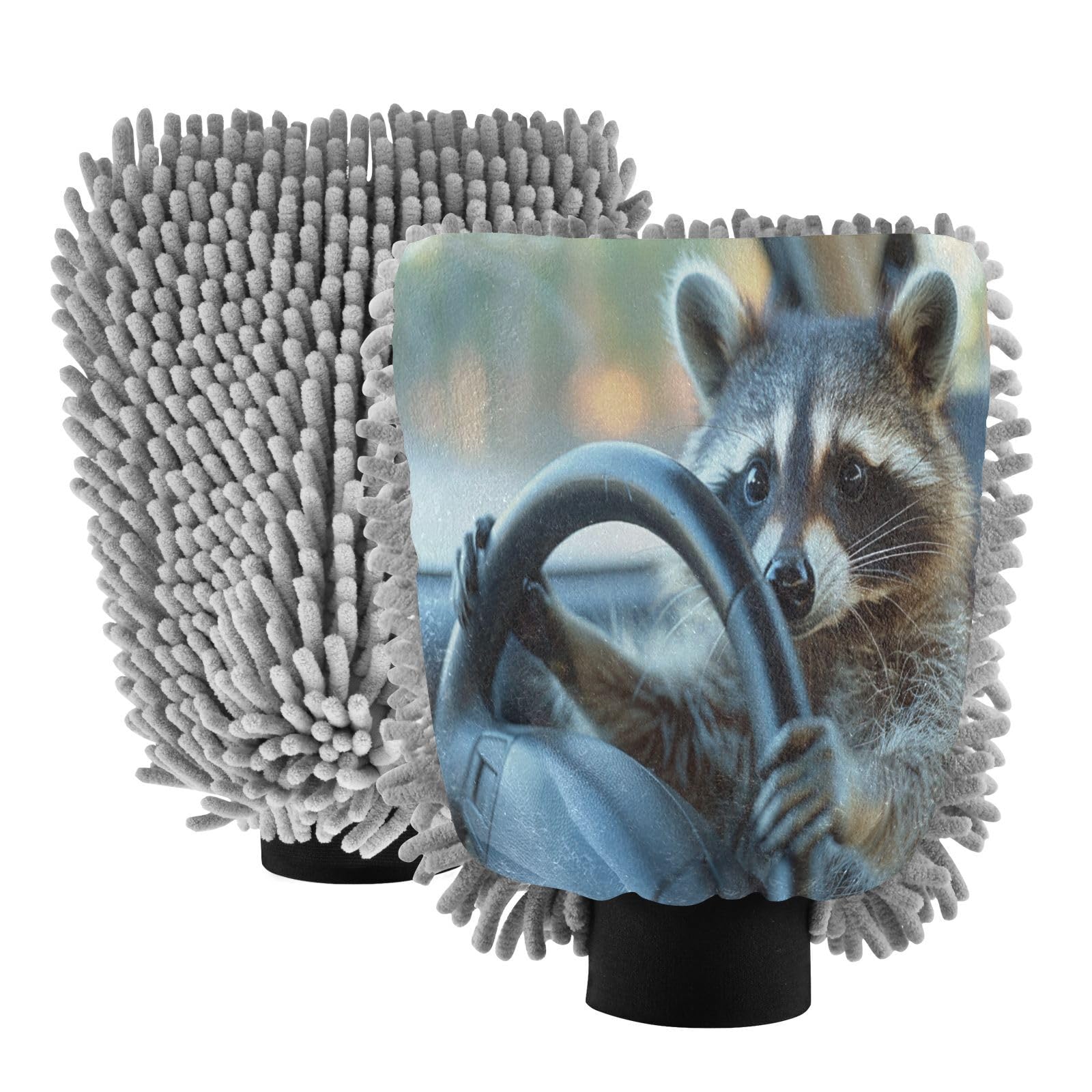 Kigai Cute Raccoon Playing Guitar Car Wash Mitt Microfiber, 2Pcs Scratch Free Lint-Free, Premium Chenille Microfiber Mitt Car Wash Brush-L