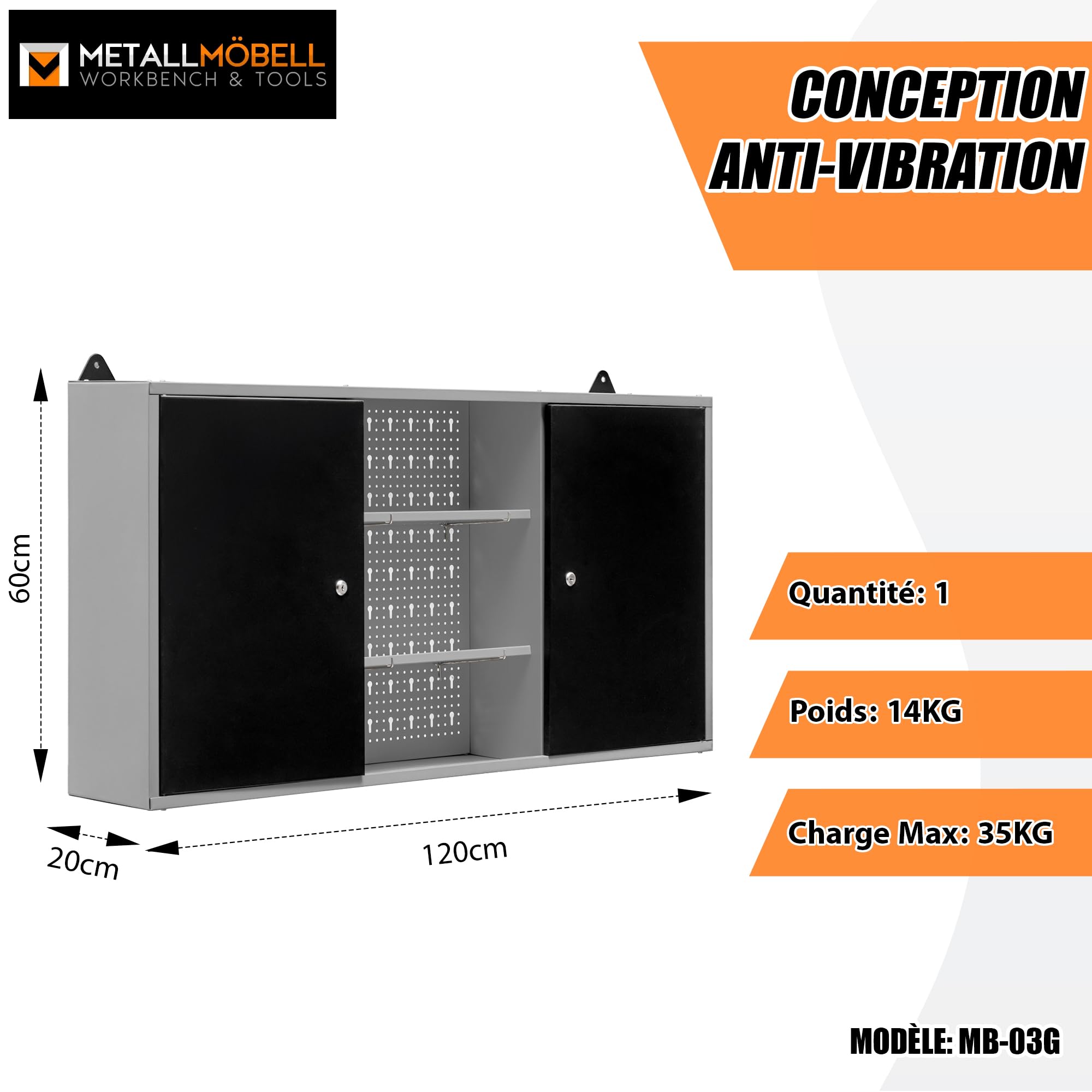 METALLMOBELL - Armoire de Rangement pour Le Garage | 120x60x20cm, avec Étagères en Métal, Panneau d'outils et Serrure | Armoire Metallique, Meubles de Bureau, Meuble Rangement Bureau MB03G