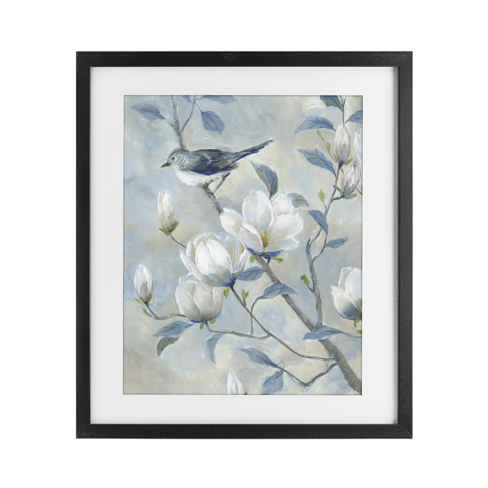 Stupell Industries Midnight Black (Textured) Blue Bird Magnolia Tree Serenity, 17 X 21 Inch Framed Print Under Glass