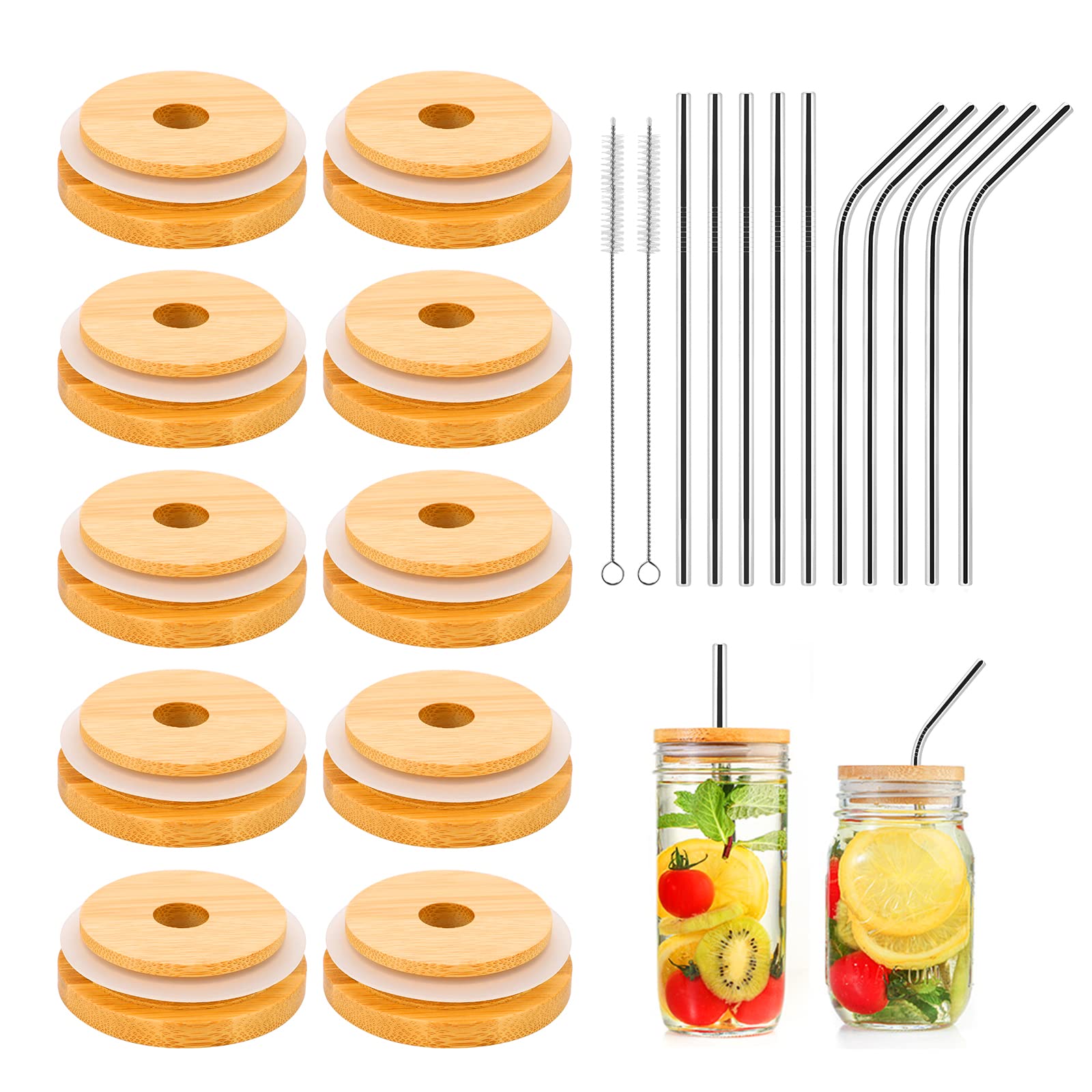 Allnice Bamboo Jar Lids for Beer Can Glass with Straw Hole, 10 Pcs Bamboo Canning Lids with 10 Pcs Stainless Straw Set and 2 Pcs Straw Brush Soda Can Lids for Drinking