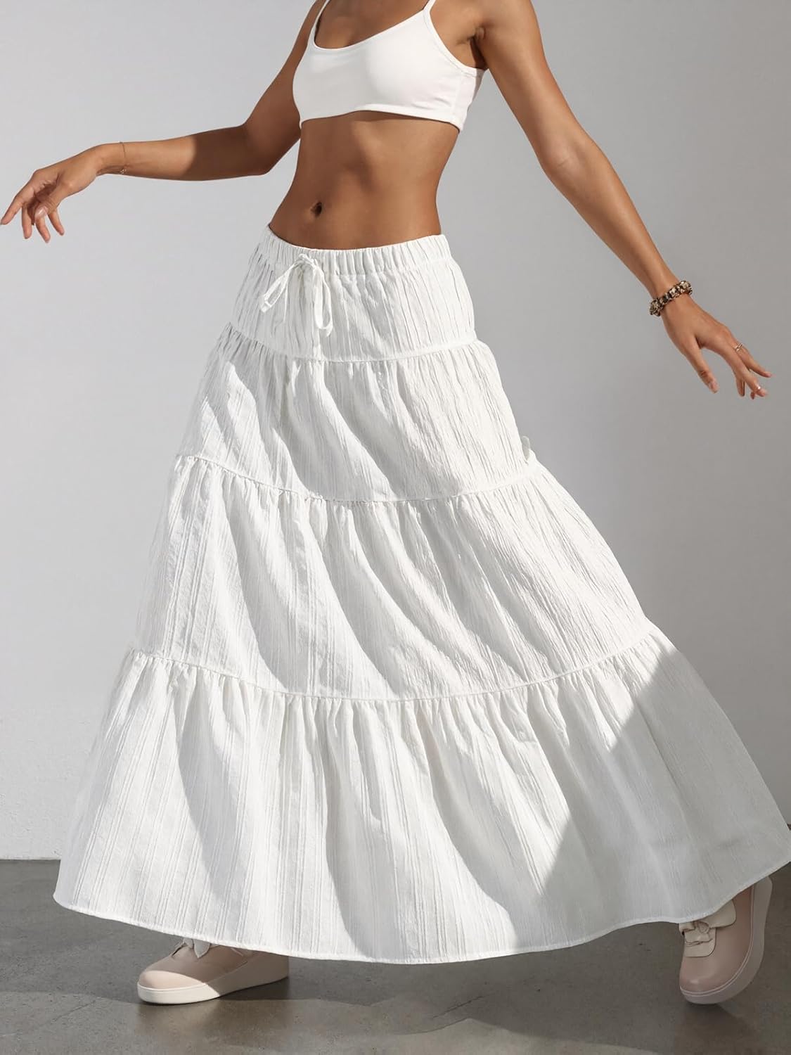 Women's Flowy Flared Ruffle Boho Long Skirt Summer Maxi Skirt Elastic High Waisted - Image 2