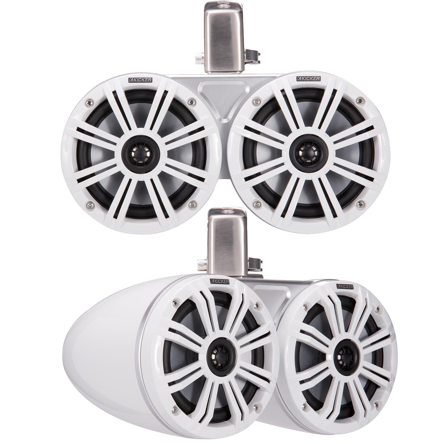 Kicker 45KMTDC65 Marine Tower Speakers with Swivel Clamps & 45KM654L Speakers White Grills with White Enclosures