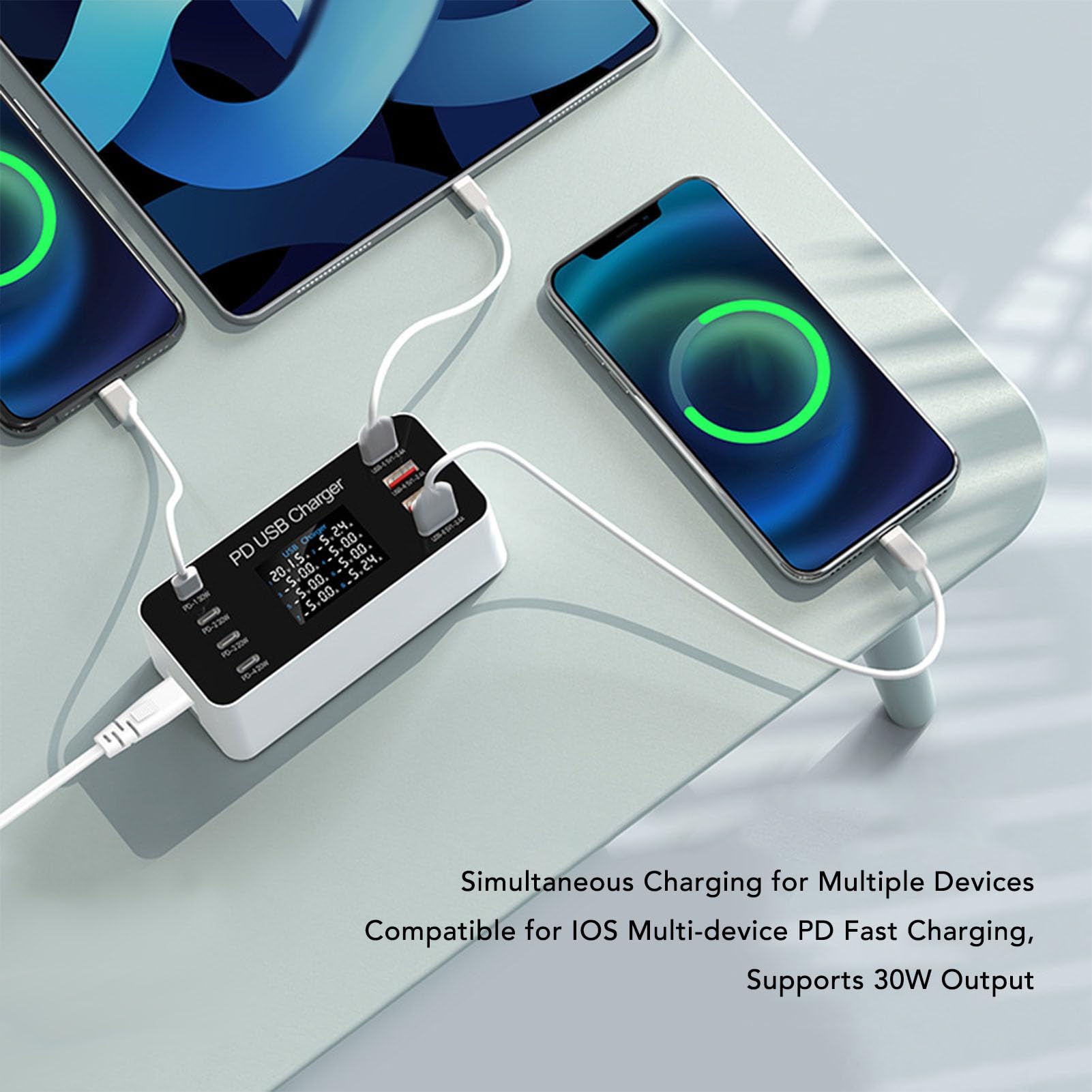 VBESTLIFE Stazione di Ricarica USB a 8 Porte, Caricabatterie Multiporta | 4 Prese USB A, 4 Prese USB C, Ricarica Rapida PD da 30 W, Display LCD, Distribuzione Intelligente 'energia, Ignifugo