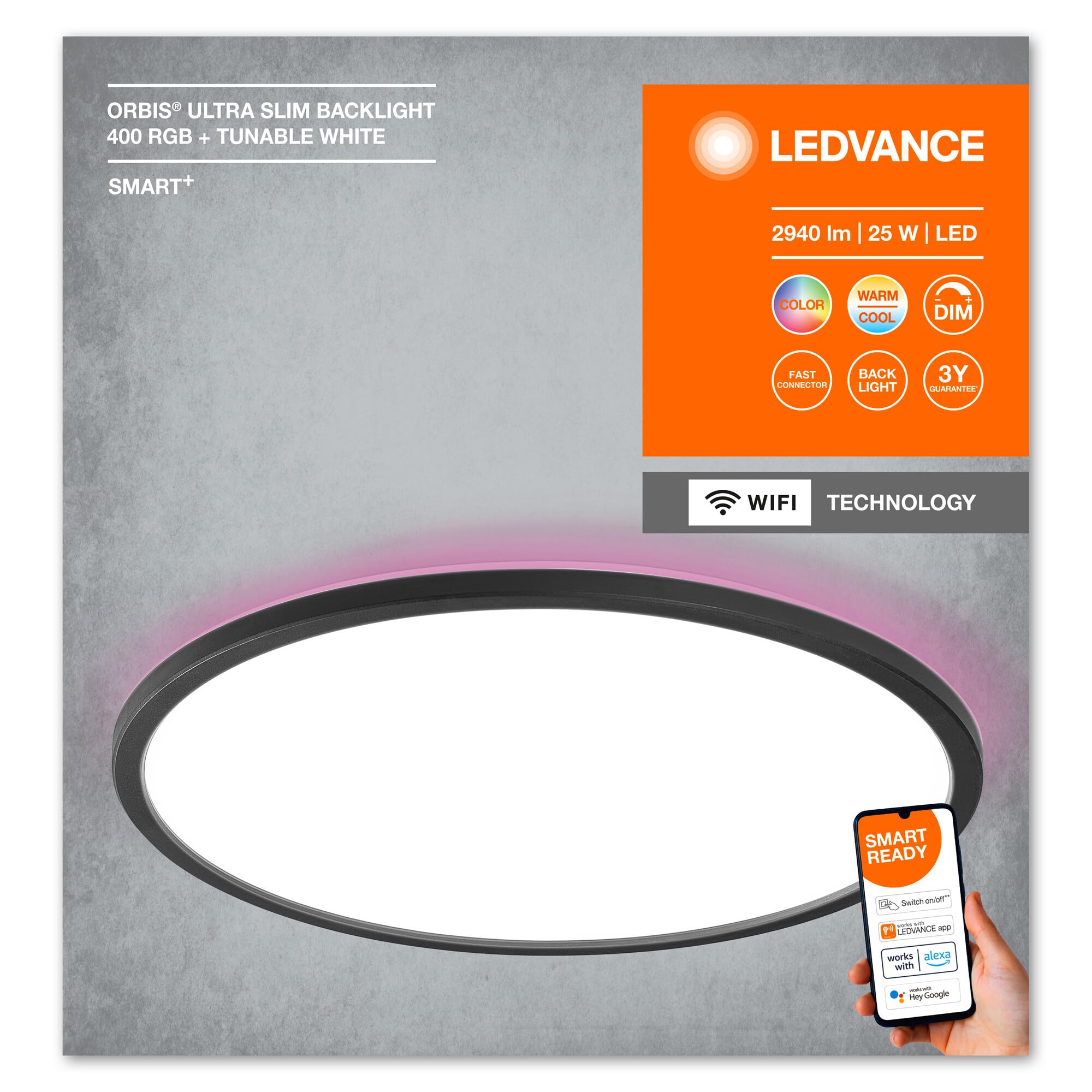 LEDVANCE SMART+ ORBIS WiFi-Panelleuchte, schwarz, 25W, 2940lm, 400mm, regulierbares Weißlicht (2700K-6500K), Rahmen mit RGB-Farblicht, dimmbar, steuerbar per App, kompatibel mit Amazon, Google und Co.