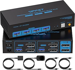 8K@60Hz Displayport KVM Switch 2 monitors 2 computers USB 3.0 KVM switches for 2 computers share dual monitors and 4 usb devices Support 4K@120Hz DP 1.4 with external kit and 12V/1A DC power adapter.