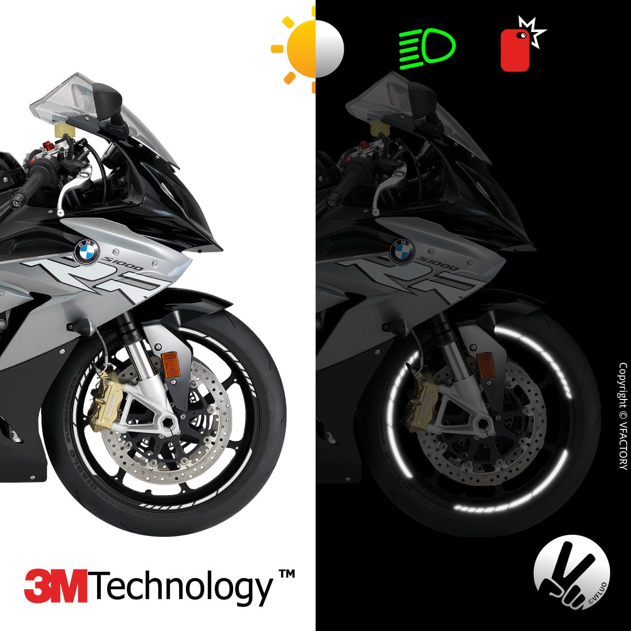 VFLUO - 2 x Kit Reflektierende Felgenrandaufkleber GP Motorrad, Aufkleber für 2 Räder 3M™-Technologie™, 360°-Kreis - Hohe Sichtbarkeit von der Seite – Diskret und Design – Einfache Installation