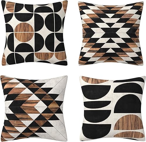 Miniatura 2 de Juego de 4 fundas de almohada decorativas a cuadros de búfalo blanco y negro para interiores y exteriores, funda de almohada para sofá de 18 x 18