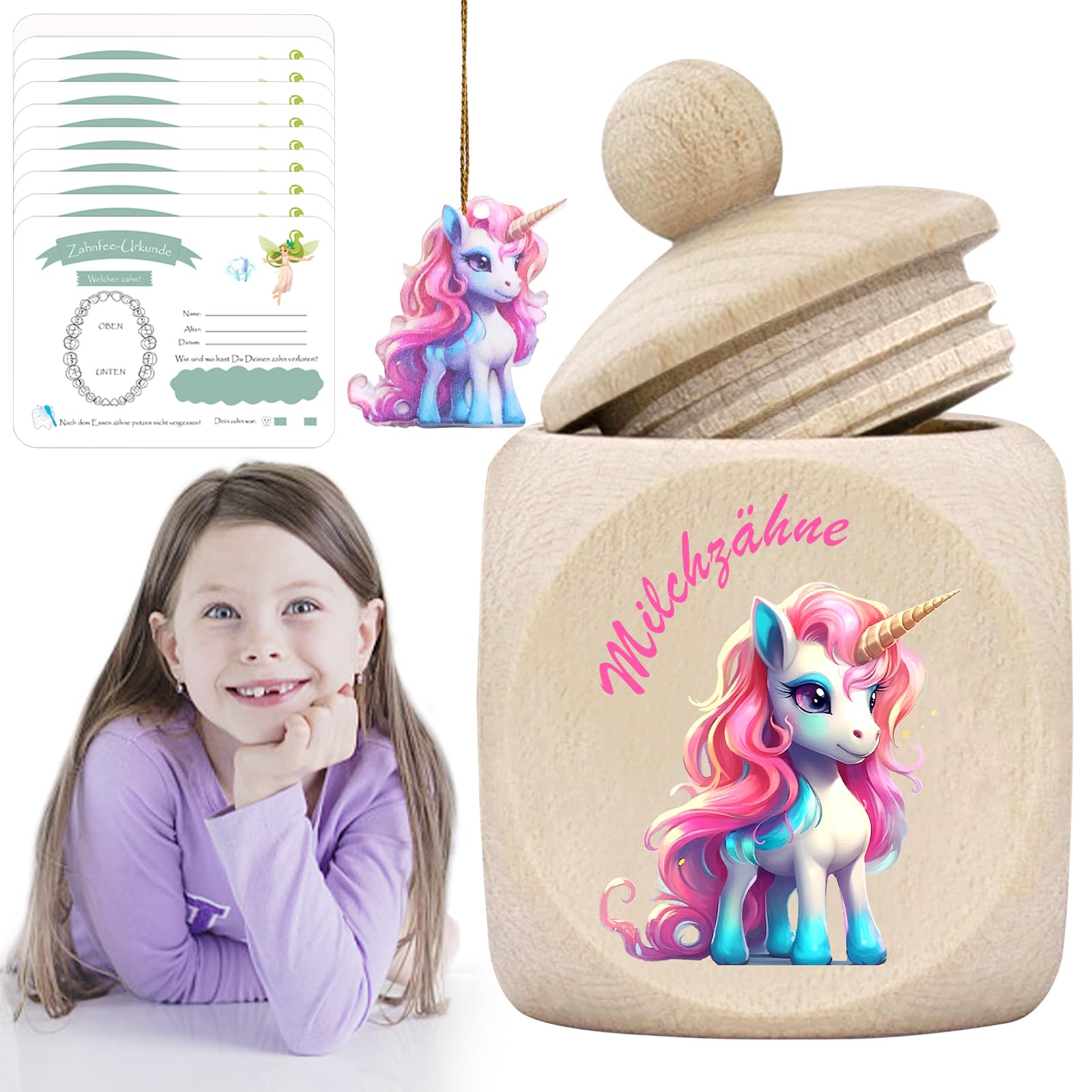 GAROMIA Milchzahndose Mädchen Milchzahn Dose Einhorn Zahndose Milchzähne Mädchen Milchzahndose mit Schraubdeckel Zahnbox Holz Milchzähne Aufbewahrungsbox Zähne Kinder Souvenir Box
