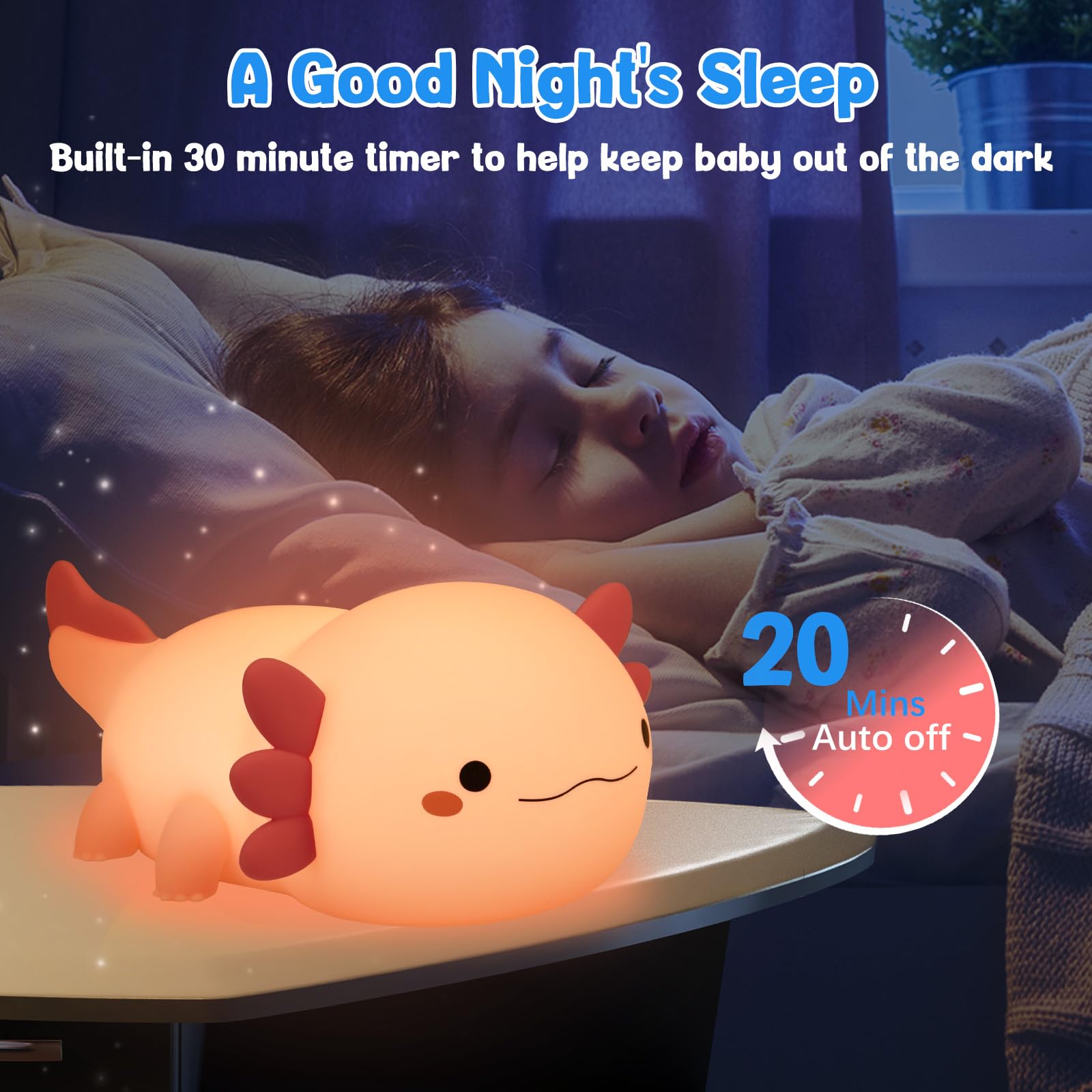 Wrischan Axolotl Luce Notturna Bambini, 2 Modalità di Luces, Ricaricabile Lampada Touch Peach con 20 Minuti Timer, Luce Notturna Neonato Cameretta Bambina