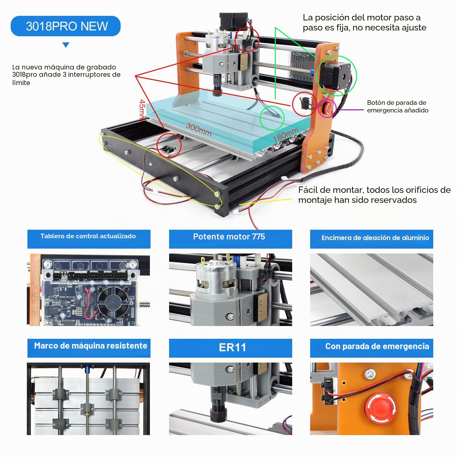 RATTMMOTOR 3 ejes GRBL DIY CNC 3018PRO, área de trabajo300x180 x450mm, máquina de grabado, con limitador y función de emergencia para cortar madera, plástico, acrílico, PVC PCB