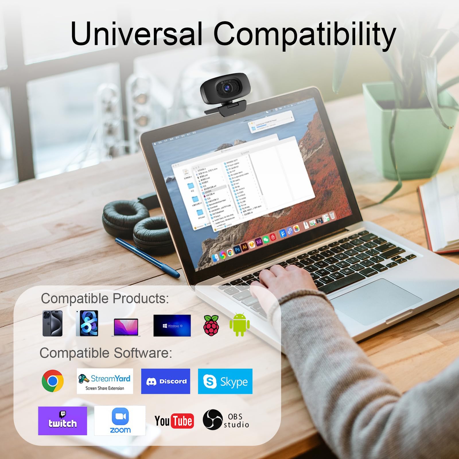 Webcam 4K per Streaming Webcam per PC, sensore 1/2.5", autofocus, 2 microfoni con riduzione del rumore, copertura privacy integrata, webcam per computer per