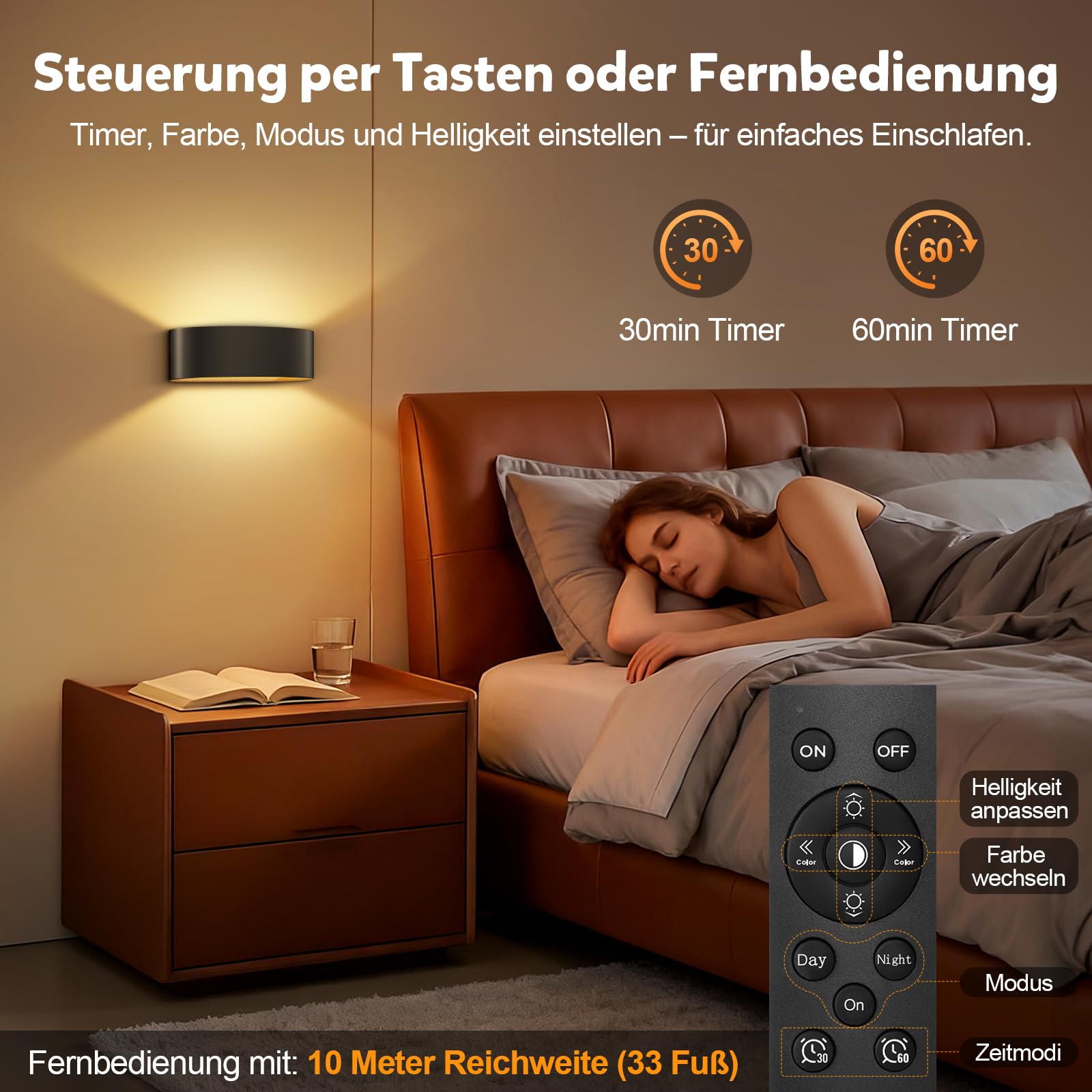 SNADER Akku Wandleuchte Innen/Aussen mit Bewegungsmelder & Fernbedienung 3 Farbtemperatur Wandlicht und 15 Farboptionen, Kabellose Wandlampe Innen Batterie mit Schalter, Aufladbare Wandlampe Dimmbar