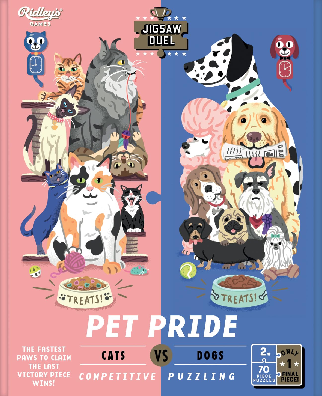 Ridley's Games: Pet Pride Cats vs Dogs Two 70-Piece Jigsaw Duel Puzzles | Race Against Your Friends to Complete Your Puzzle First | One Final Double-Sided Piece | Speed Puzzling