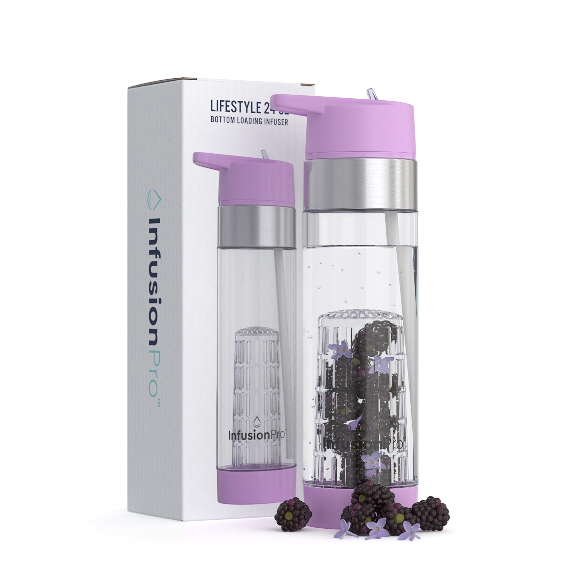 Infusion Pro Botella de agua con infusor de frutas con tapa de pajita de 24 onzas: pajita abatible: funda aislada y libro electrónico de agua para infusión de frutas: infusor de carga inferior para