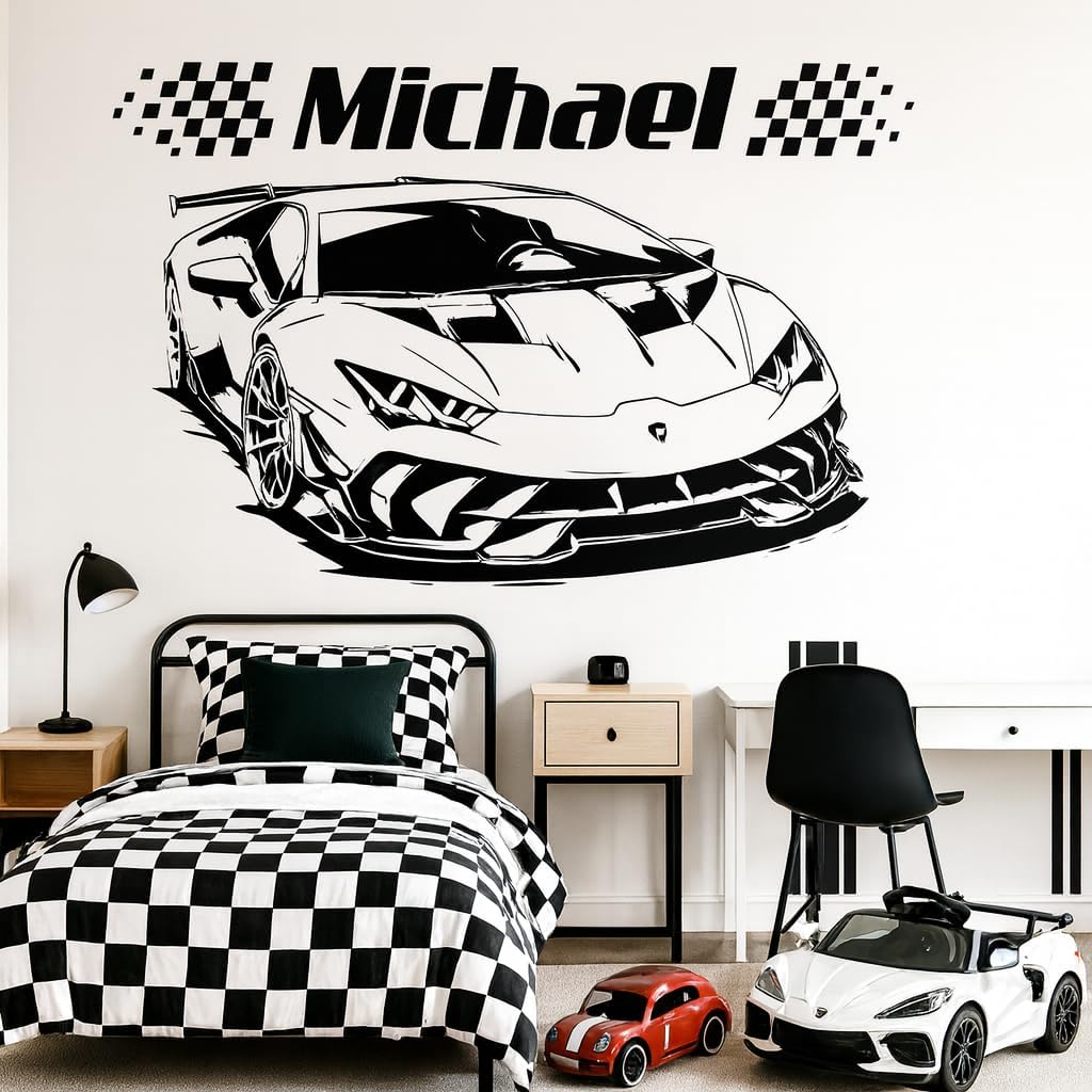 Personalized Name Racing Wall Decal – Custom Car Bedroom Decor for Boys – Sports Car Wall Sticker with Checkered Flag – Fast Car Kids Room Decoration Gift