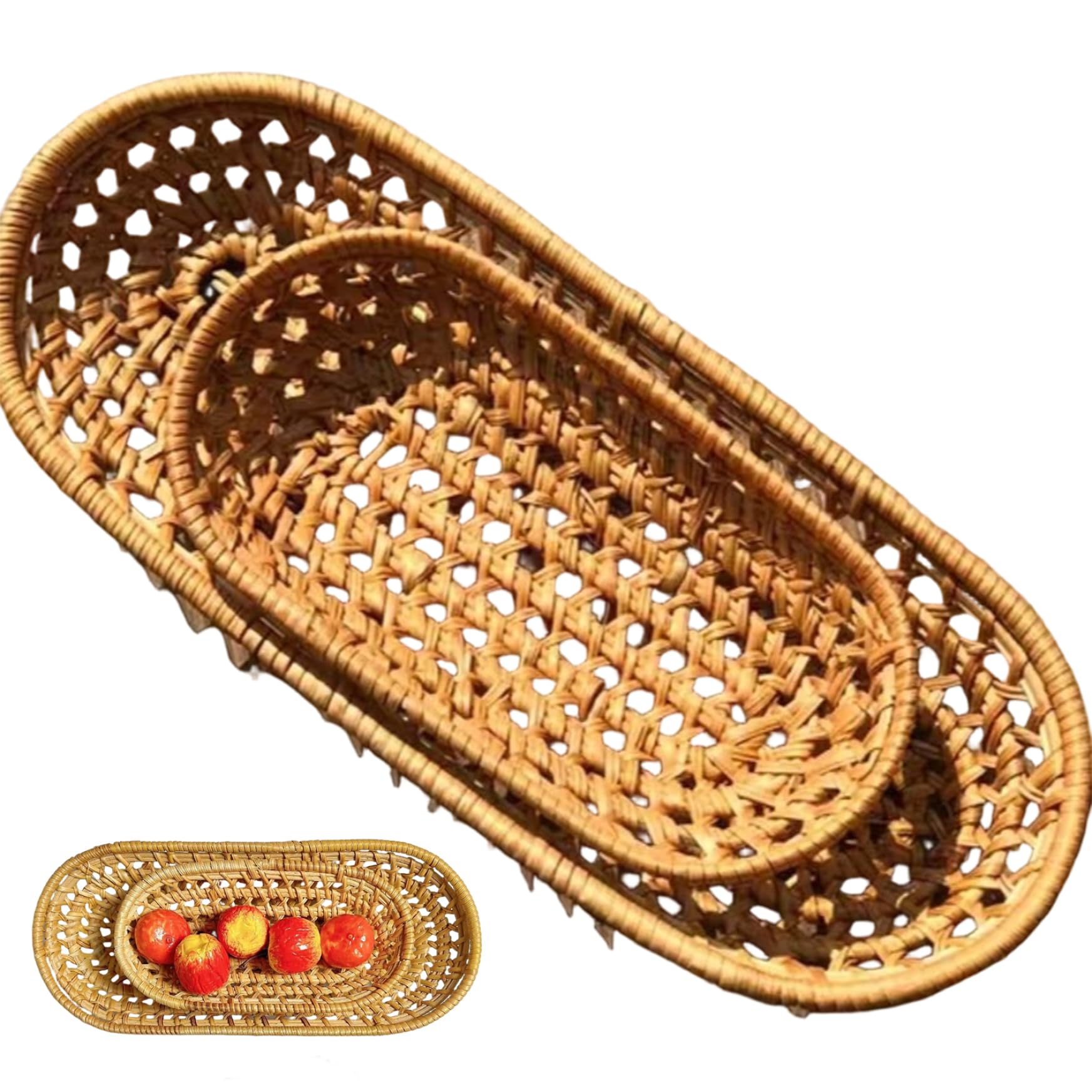 Ameble Wicker Bread Basket Oval Woven Rattan, Narrow Rustic Serving Basket for Storage Display Fruit Snack Flatware, 6.9-10.4in